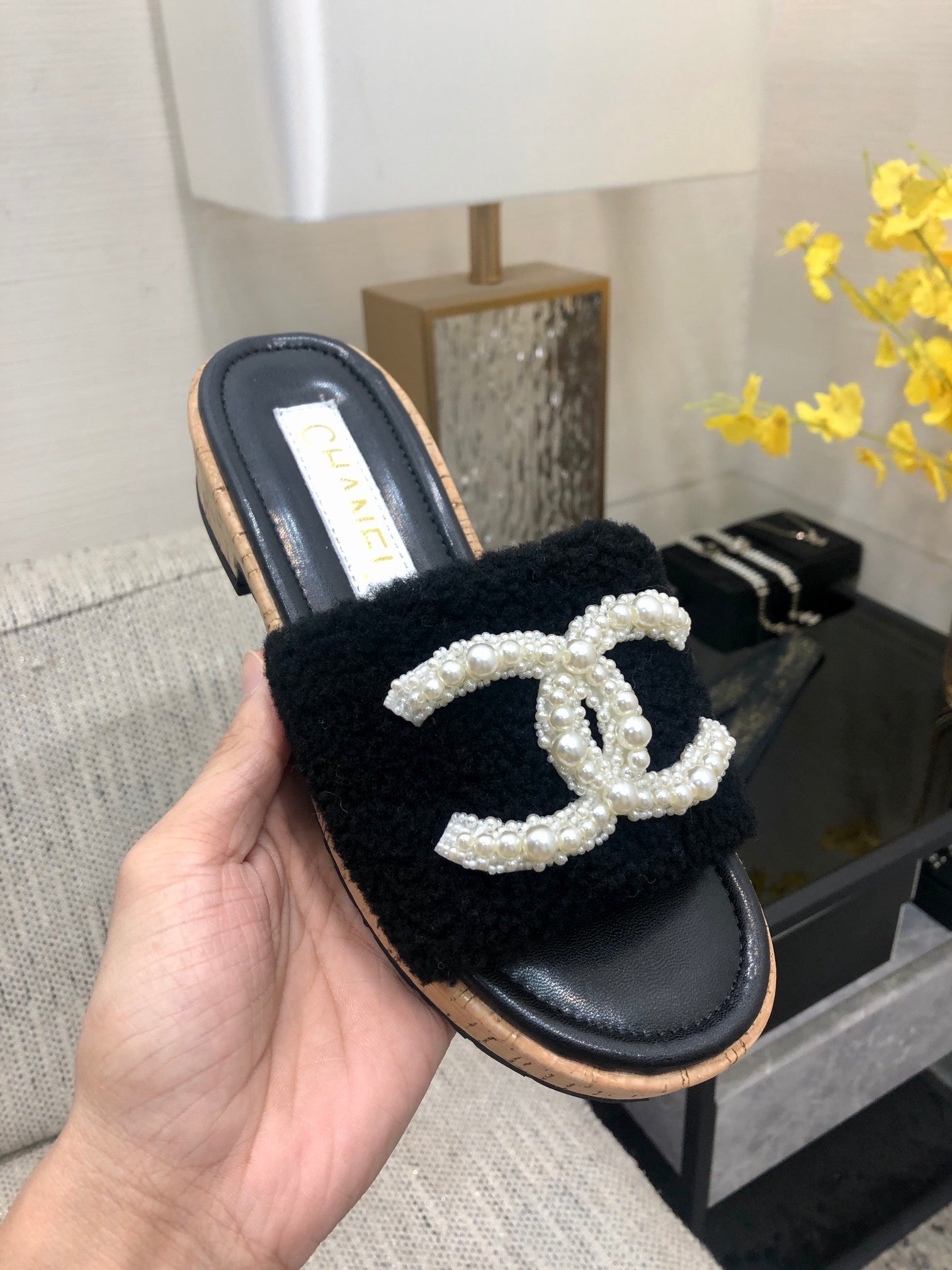 CC Pearl Plush Slides Black Wool Leather 970127