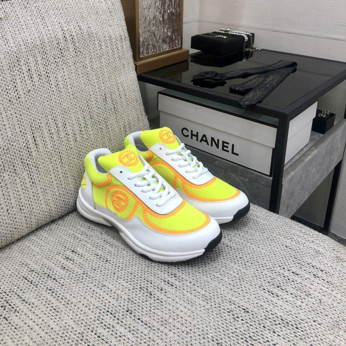 Chanel 26s Quilted Jelly Sole Sneakers Yellow White 153279