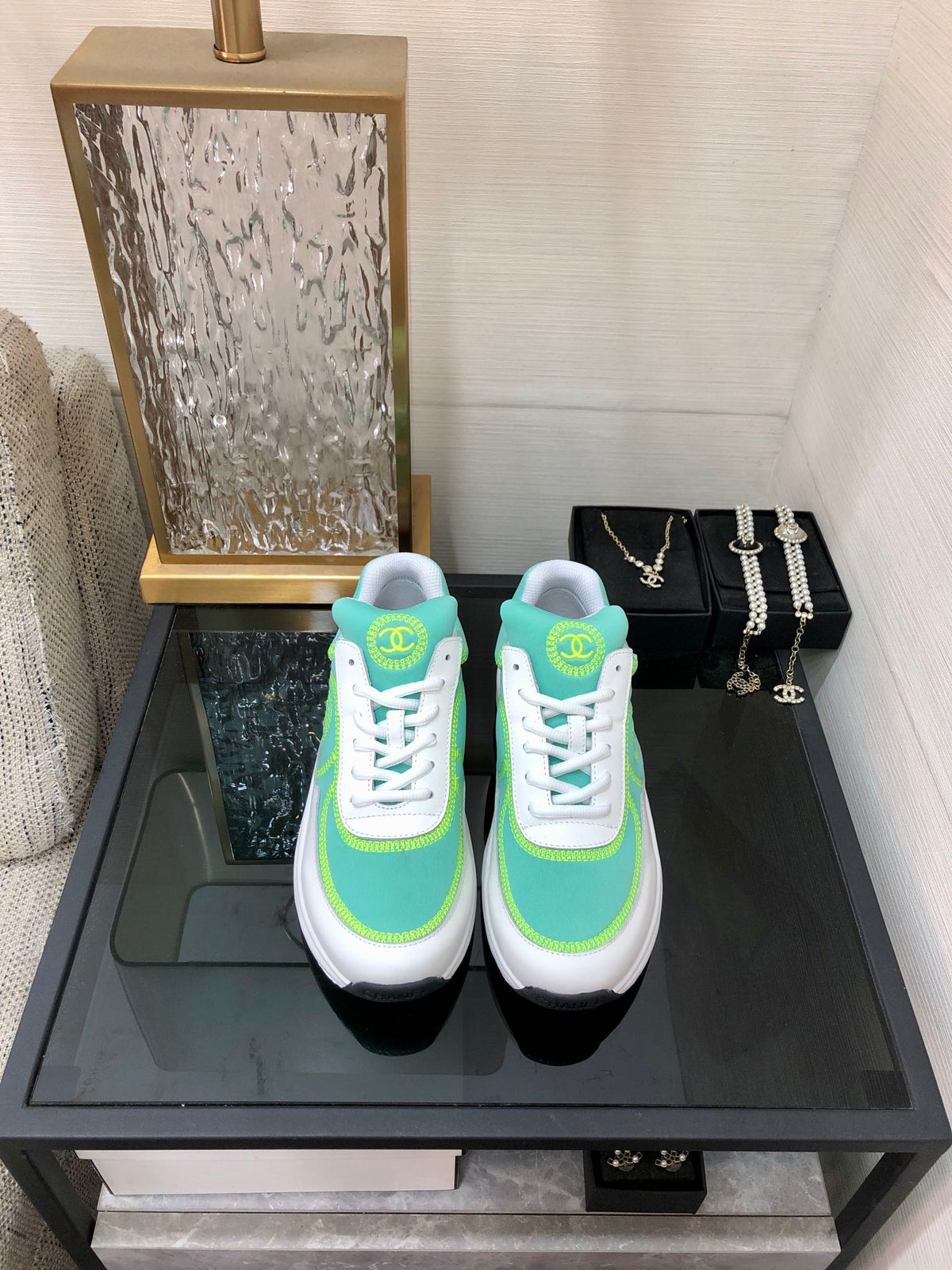 Chanel 26s Quilted Jelly Sole Sneakers Light Green White 153280