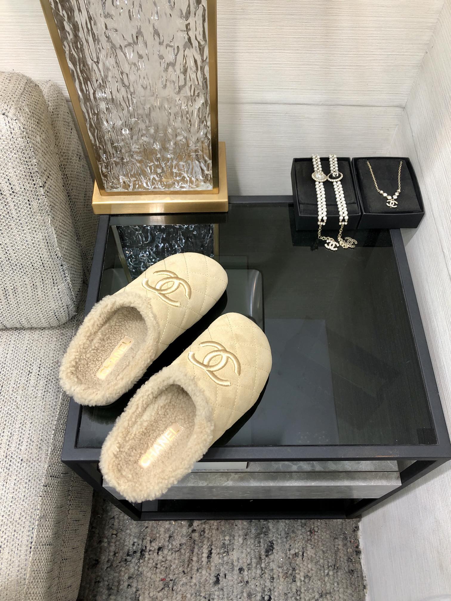 CC 26s Mules Beige Quilted Suede Shearling 970155