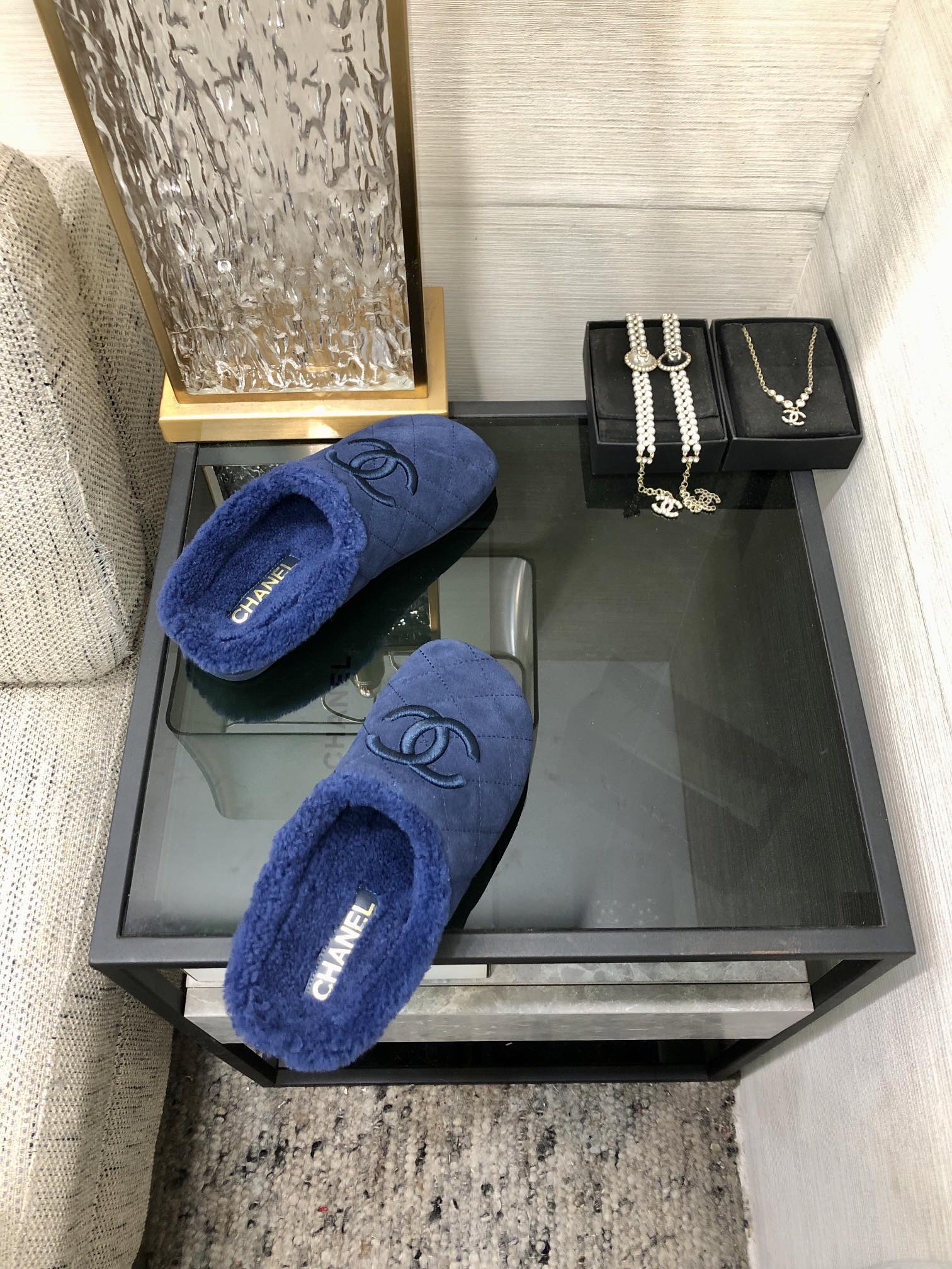 CC 26s Mules Dark Blue Quilted Suede Shearling 970152