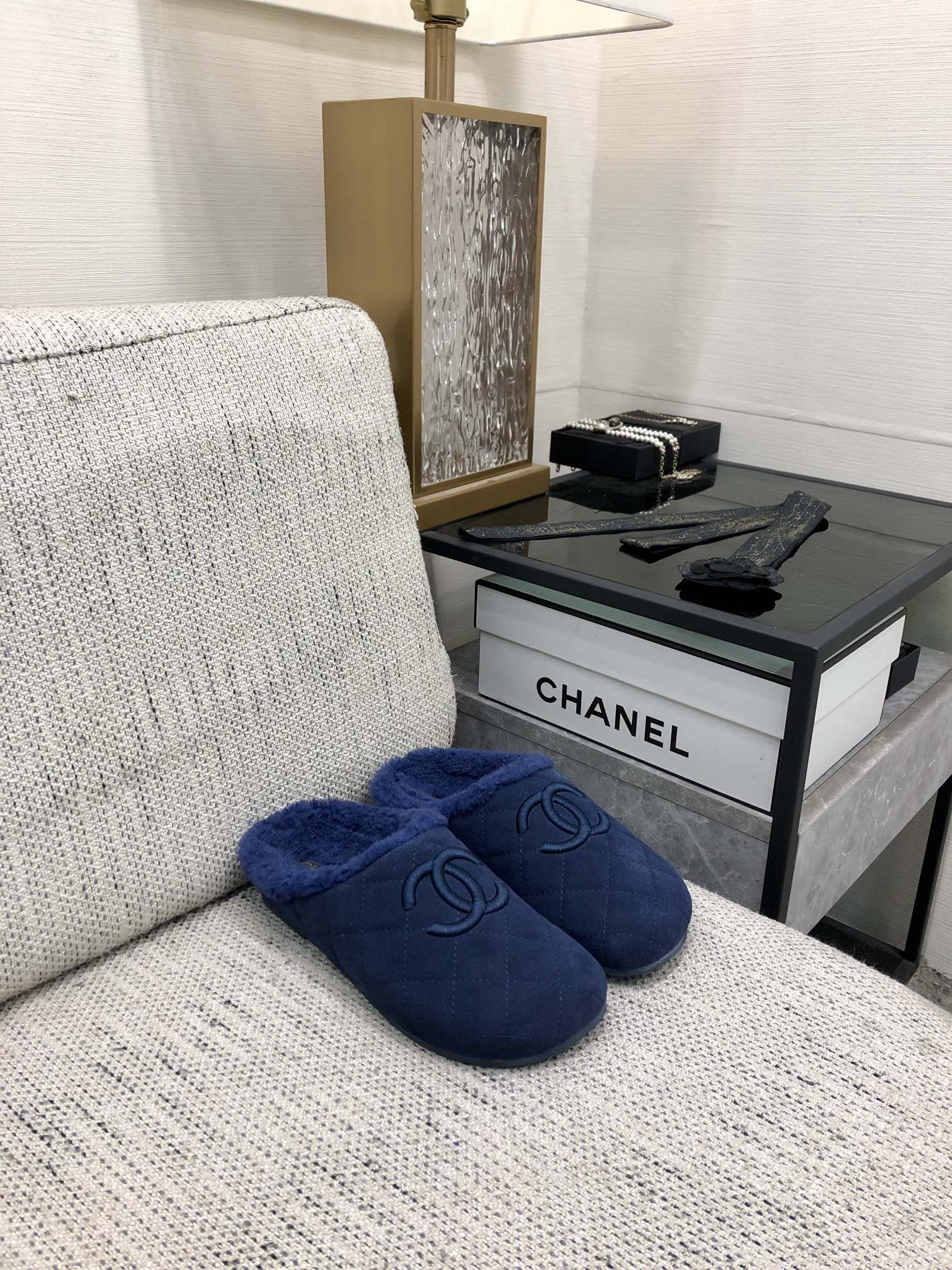 CC 26s Mules Dark Blue Quilted Suede Shearling 970152