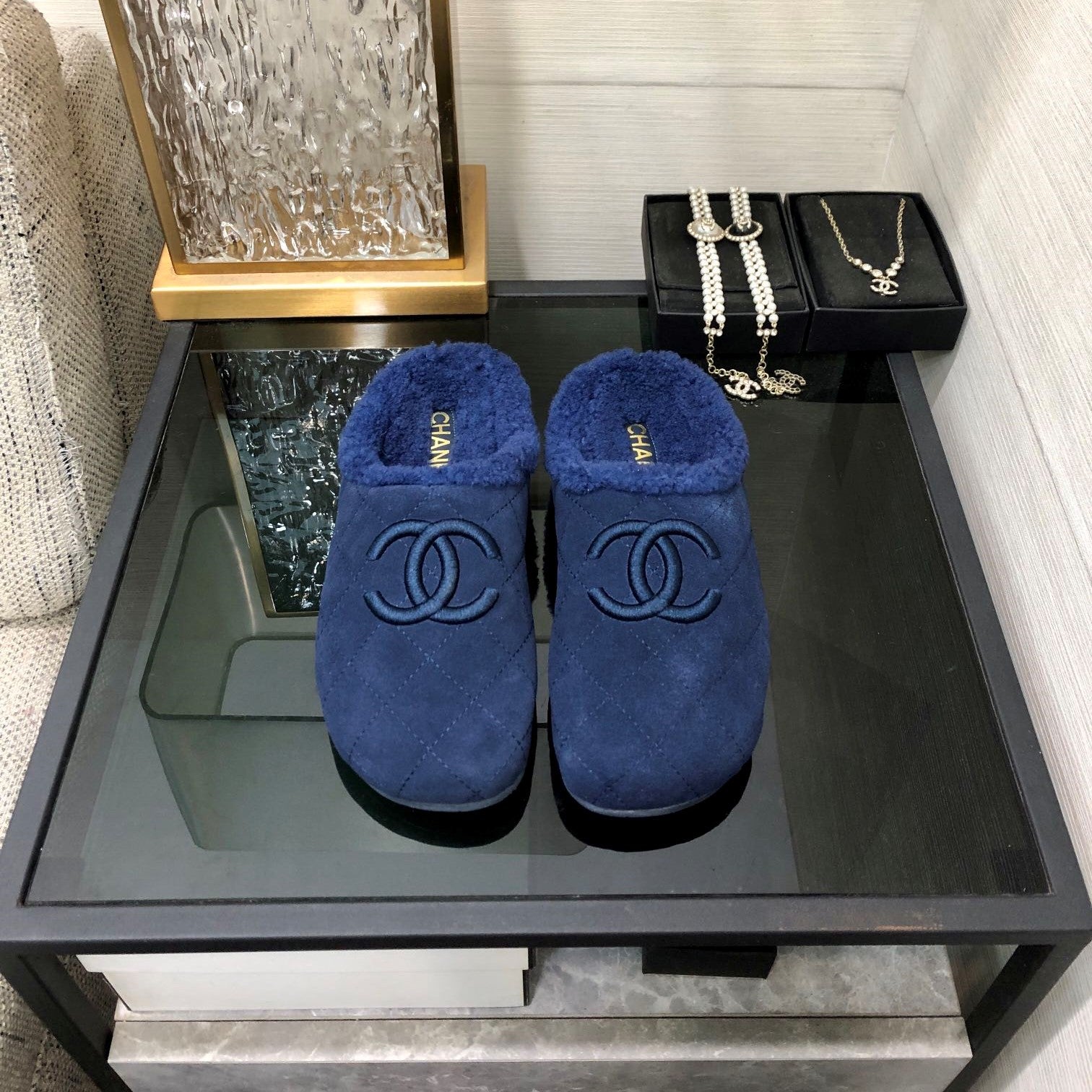 CC 26s Mules Dark Blue Quilted Suede Shearling 970152
