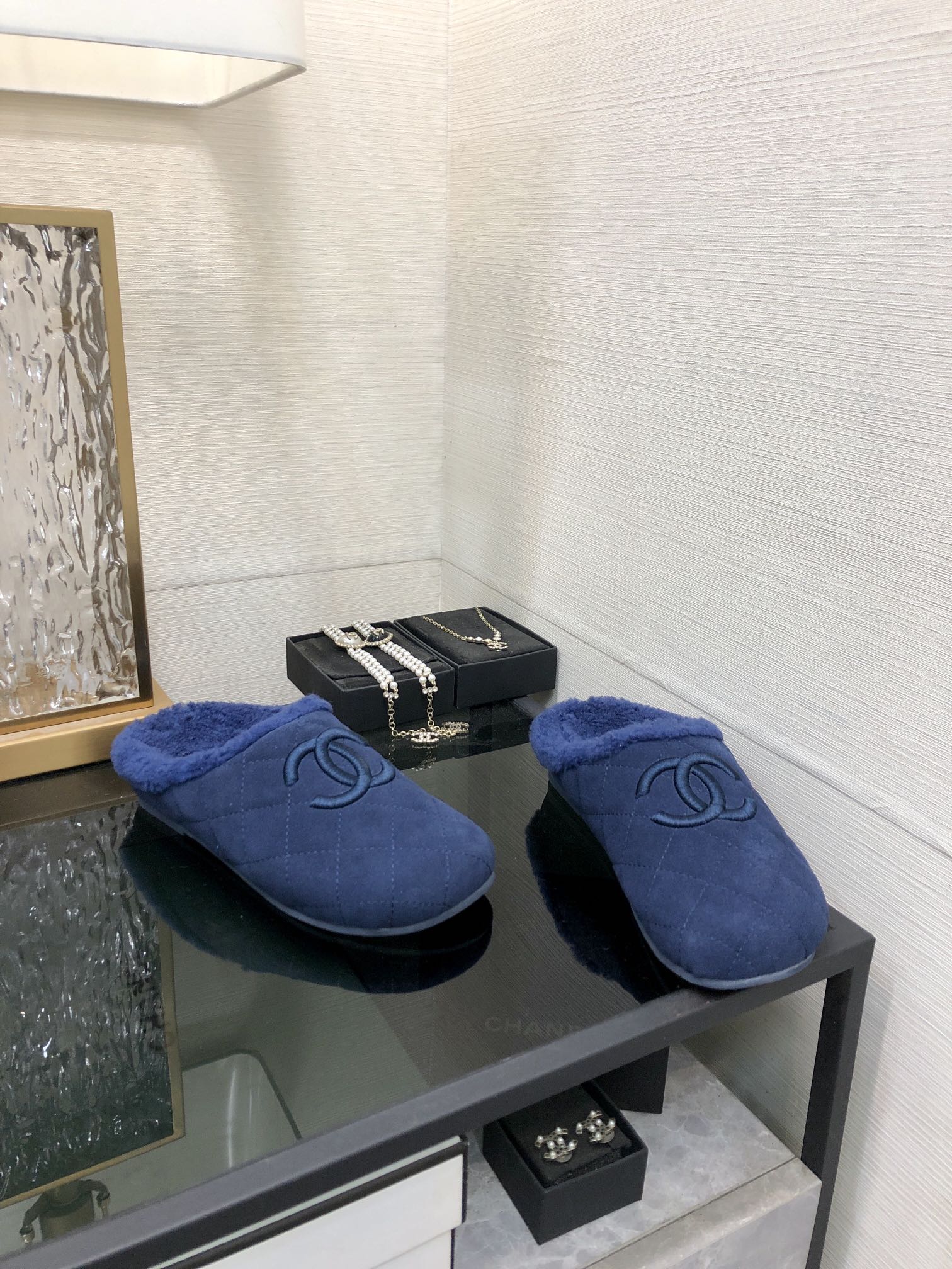 CC 26s Mules Dark Blue Quilted Suede Shearling 970152