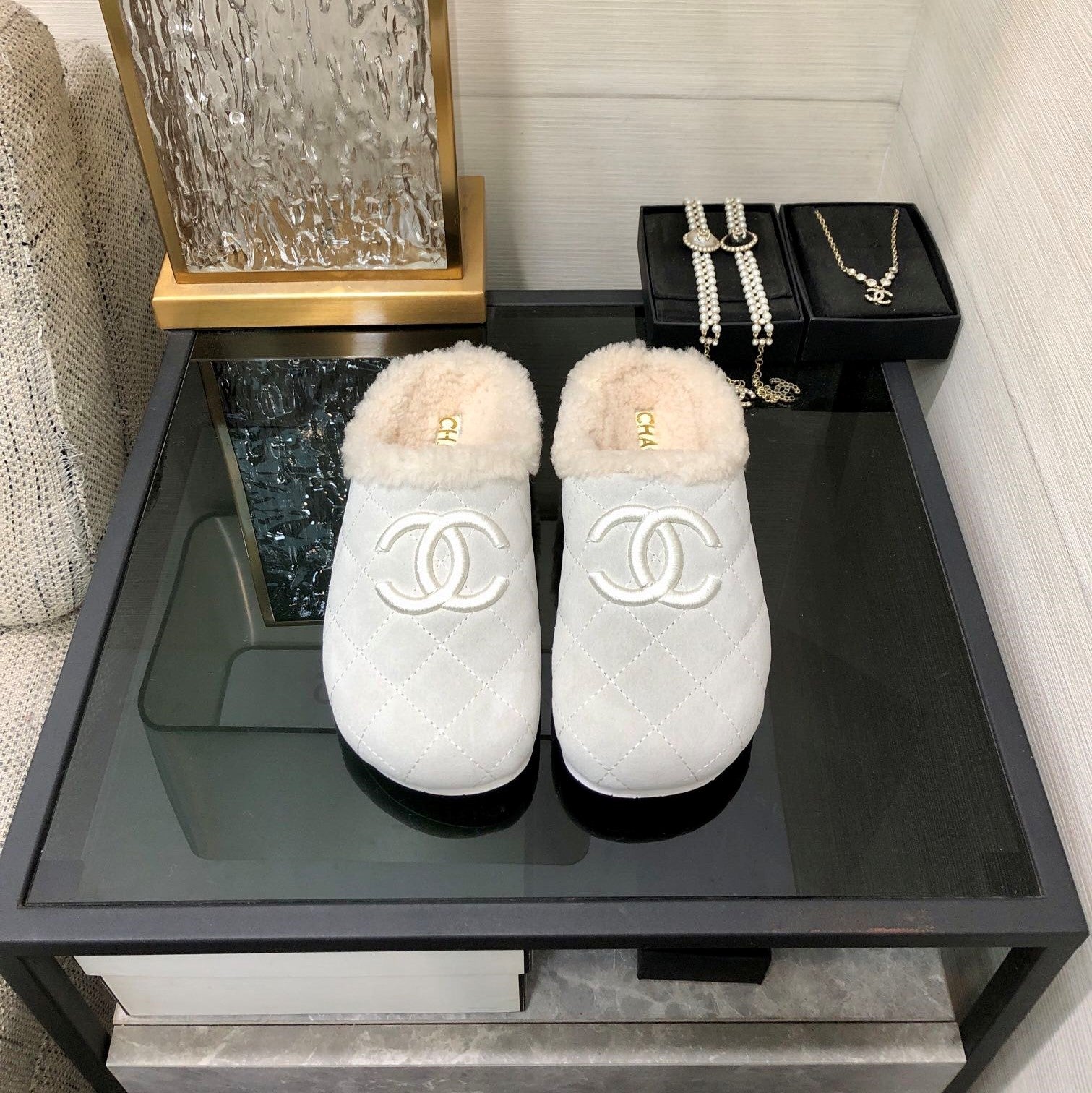 CC 26s Mules Grey Quilted Suede Shearling 970154