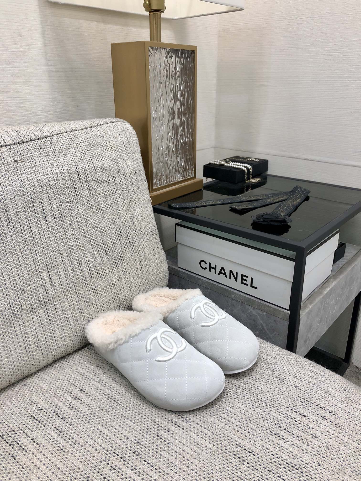 CC 26s Mules Grey Quilted Suede Shearling 970154