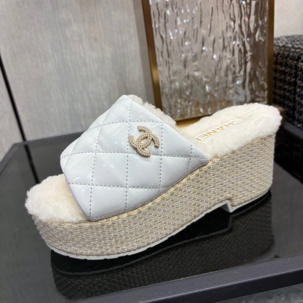 Chanel 26s Quilted Shearling Cord Platform Wedge Sandals White 153464