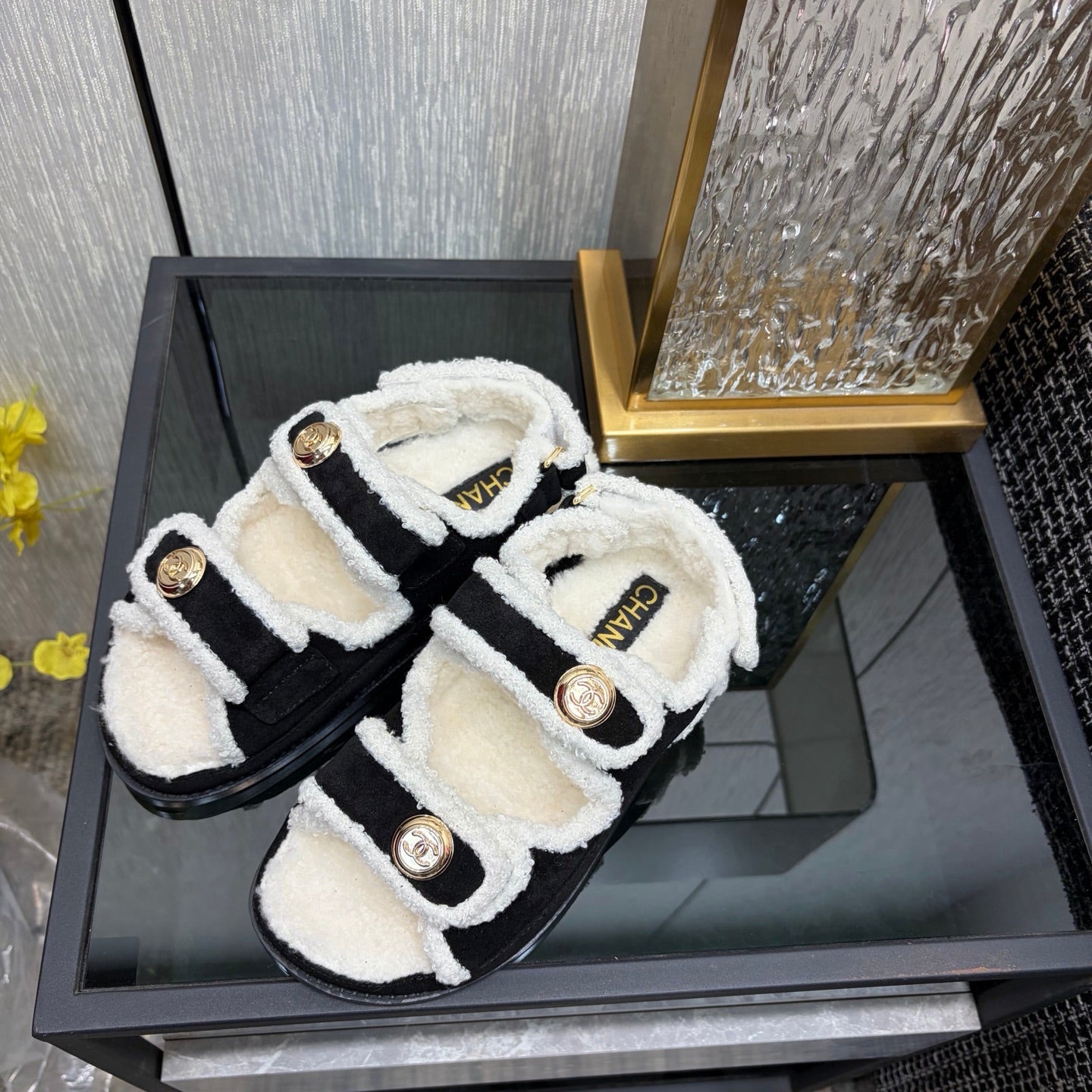 CC 26s Dad Sandals Black White Suede Shearing 970116