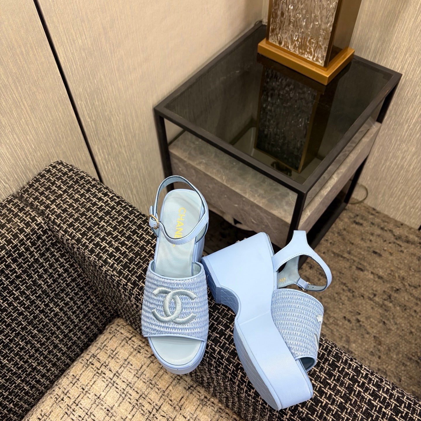 CC 26s Platform Sandal Light Blue Raffia Sheepskin 688694