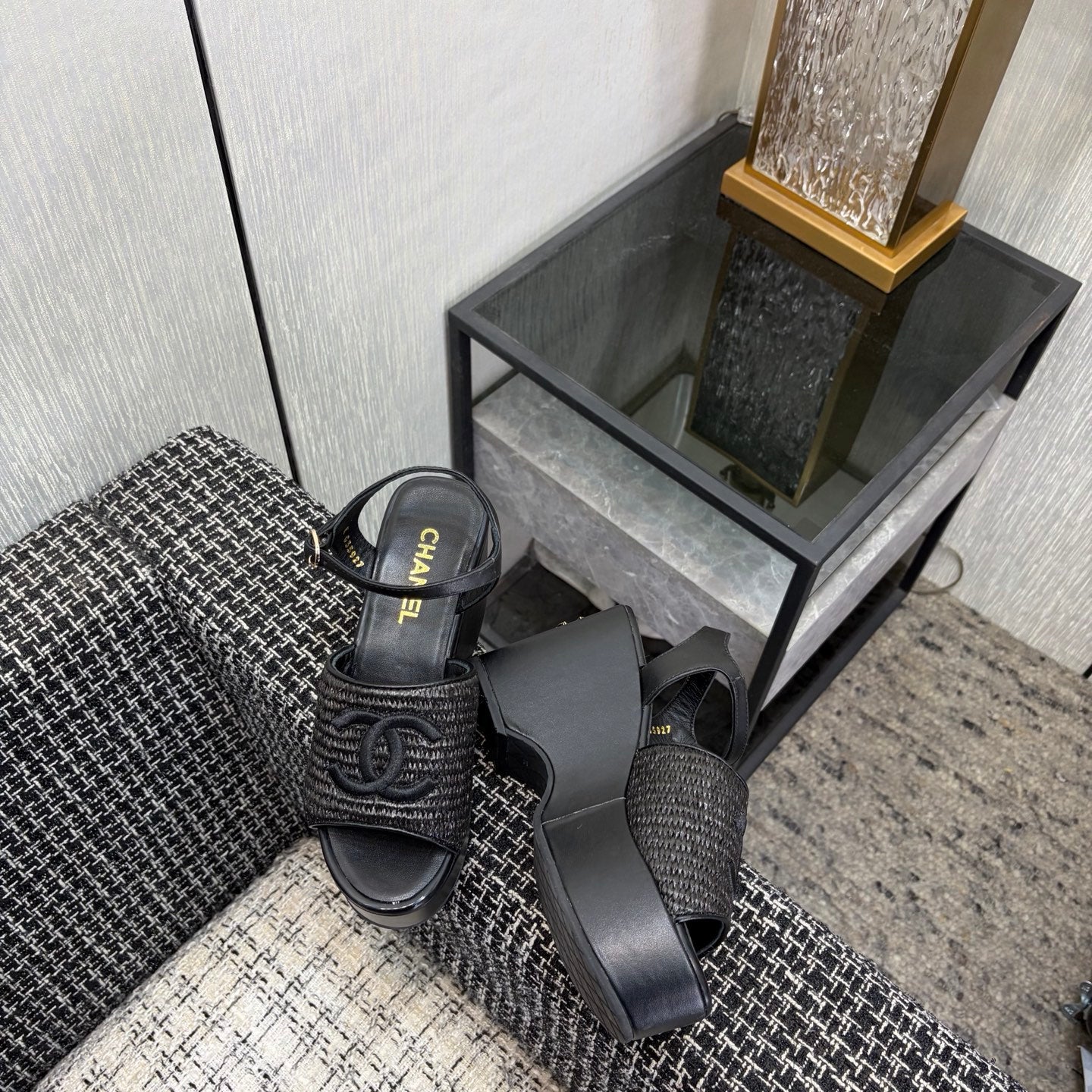 CC 26s Platform Sandal Black Raffia Sheepskin 688697