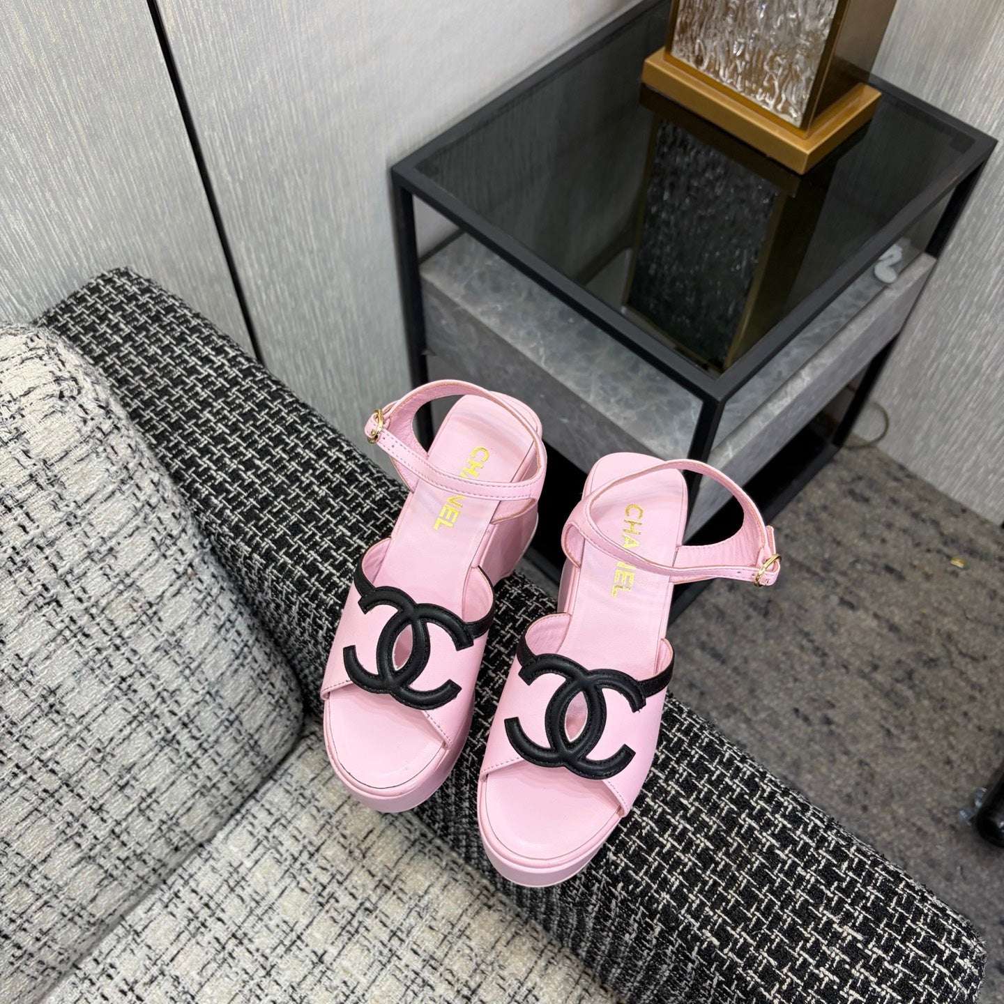 CC 26s Platform Sandals Light Pink Black Sheepskin 688703