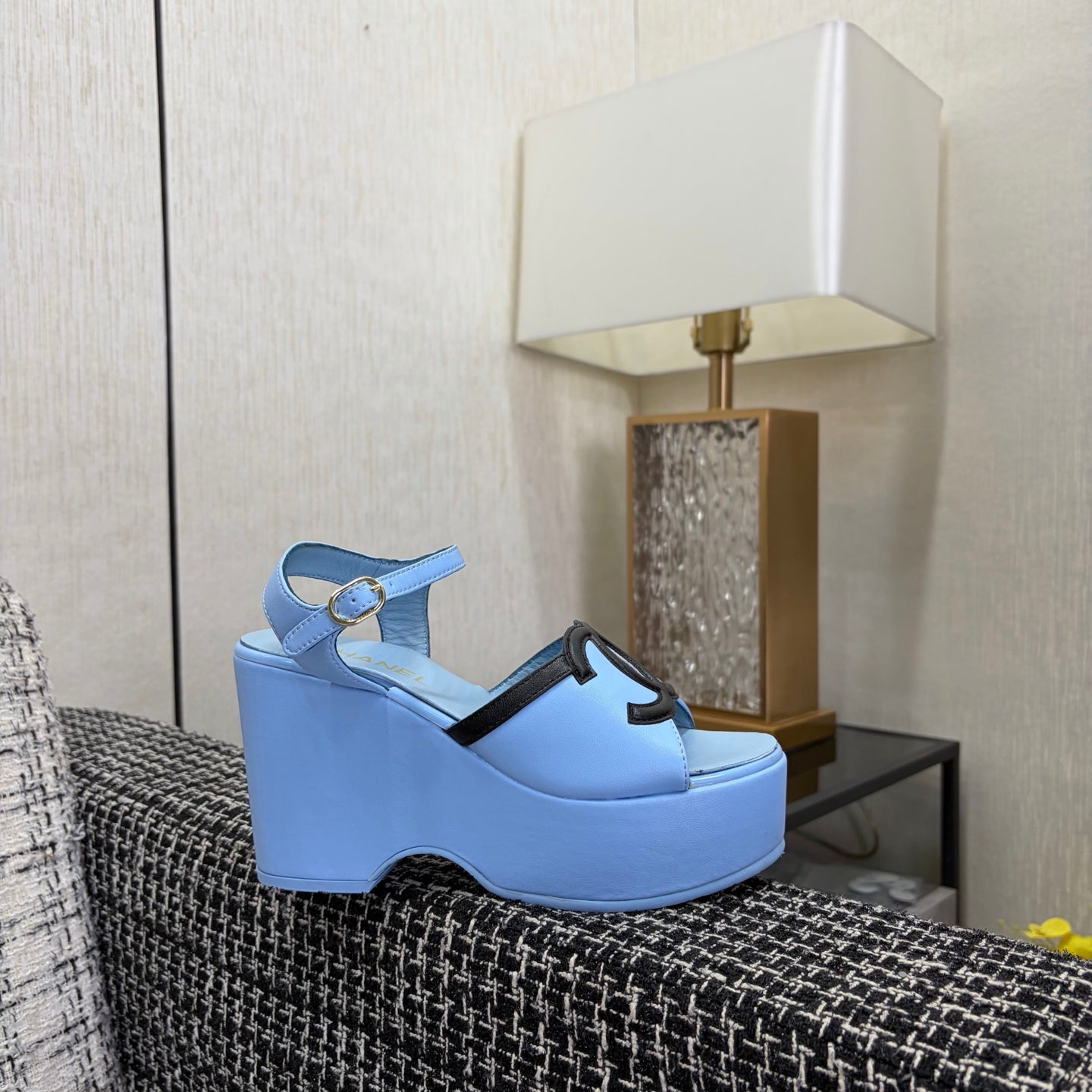 CC 26s Platform Sandals Light Blue Black Sheepskin 688704