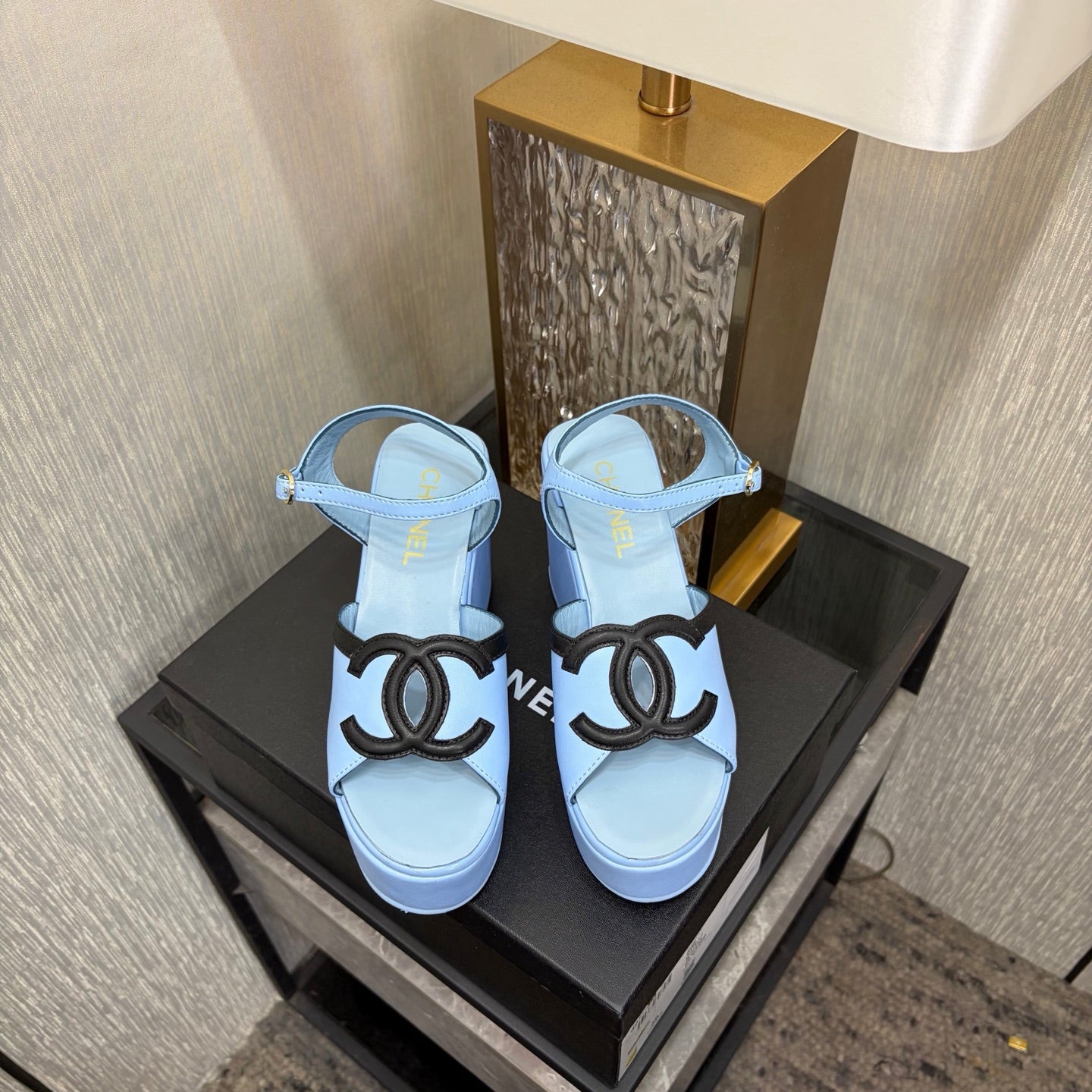CC 26s Platform Sandals Light Blue Black Sheepskin 688704