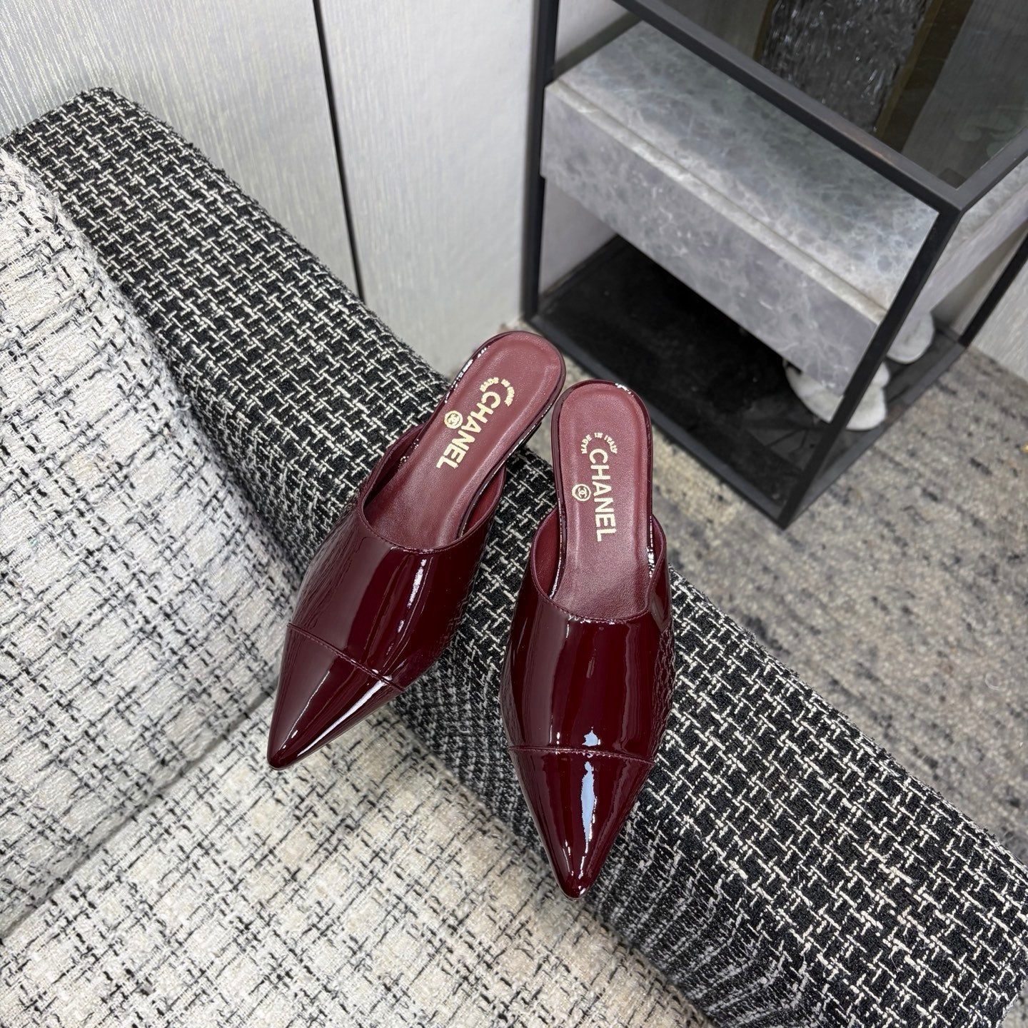 CC 2026 Pointed Toe Mule 4cm Burgundy Patent Leather 688709