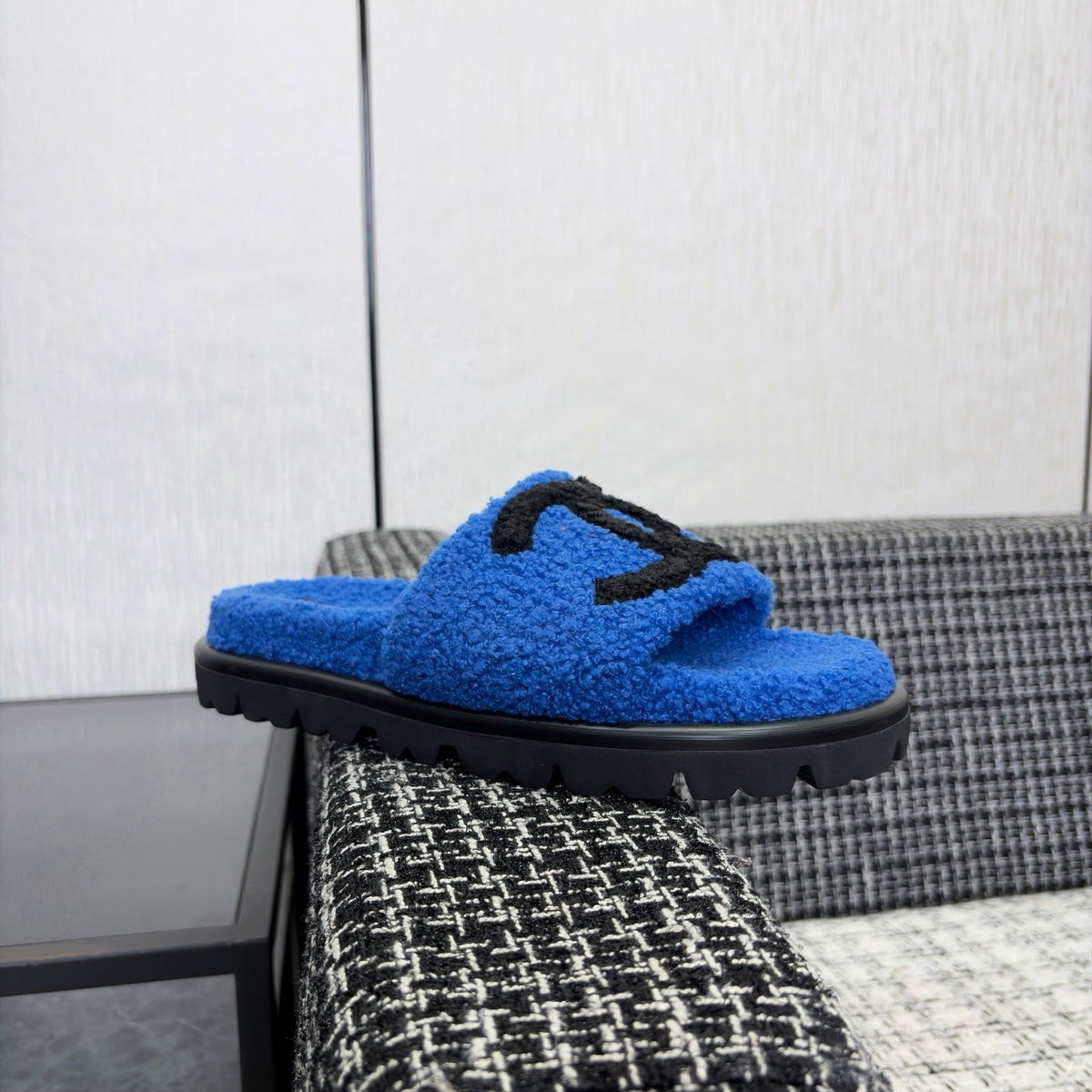 CC 26s Shearling Slide Flat Mules Blue Black Wool 128095