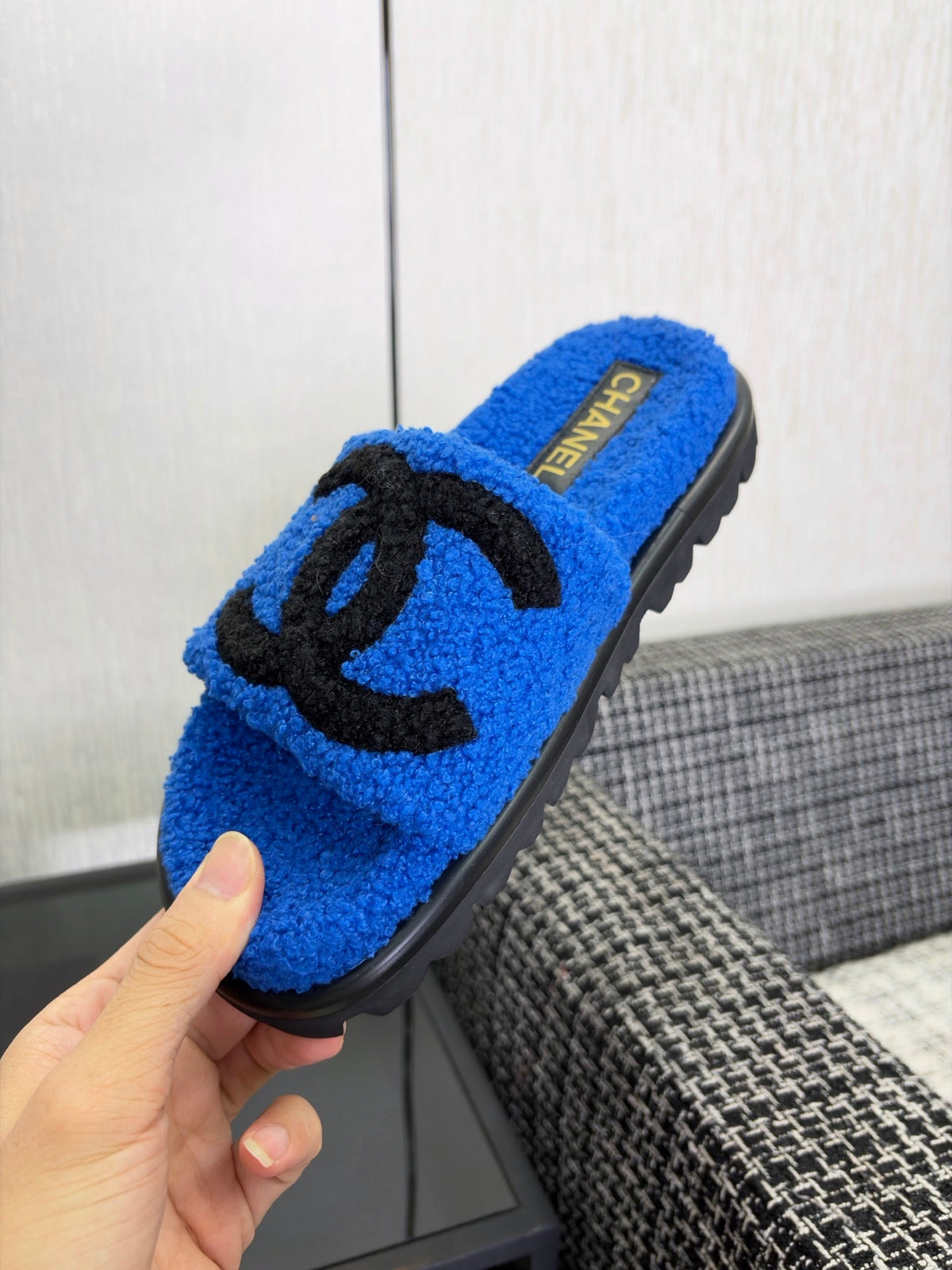CC 26s Shearling Slide Flat Mules Blue Black Wool 128095
