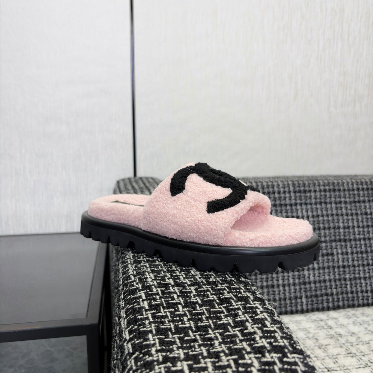 CC 26s Shearling Slide Flat Mules Light Pink Black Wool 128096