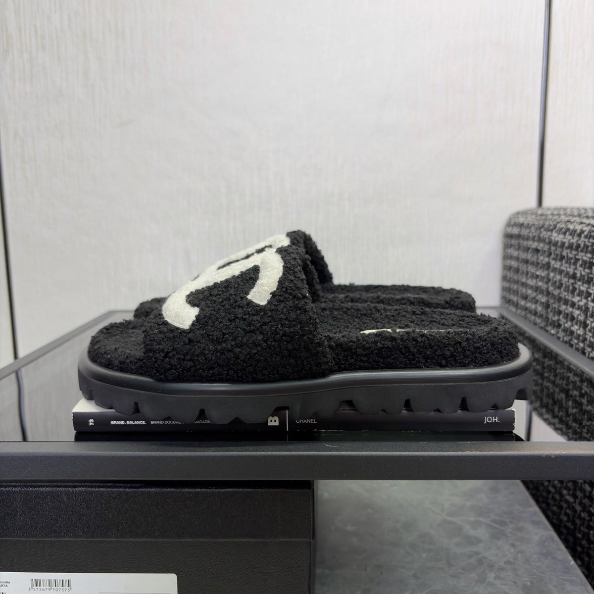 CC 26s Shearling Slide Flat Mules Black White Wool 128101