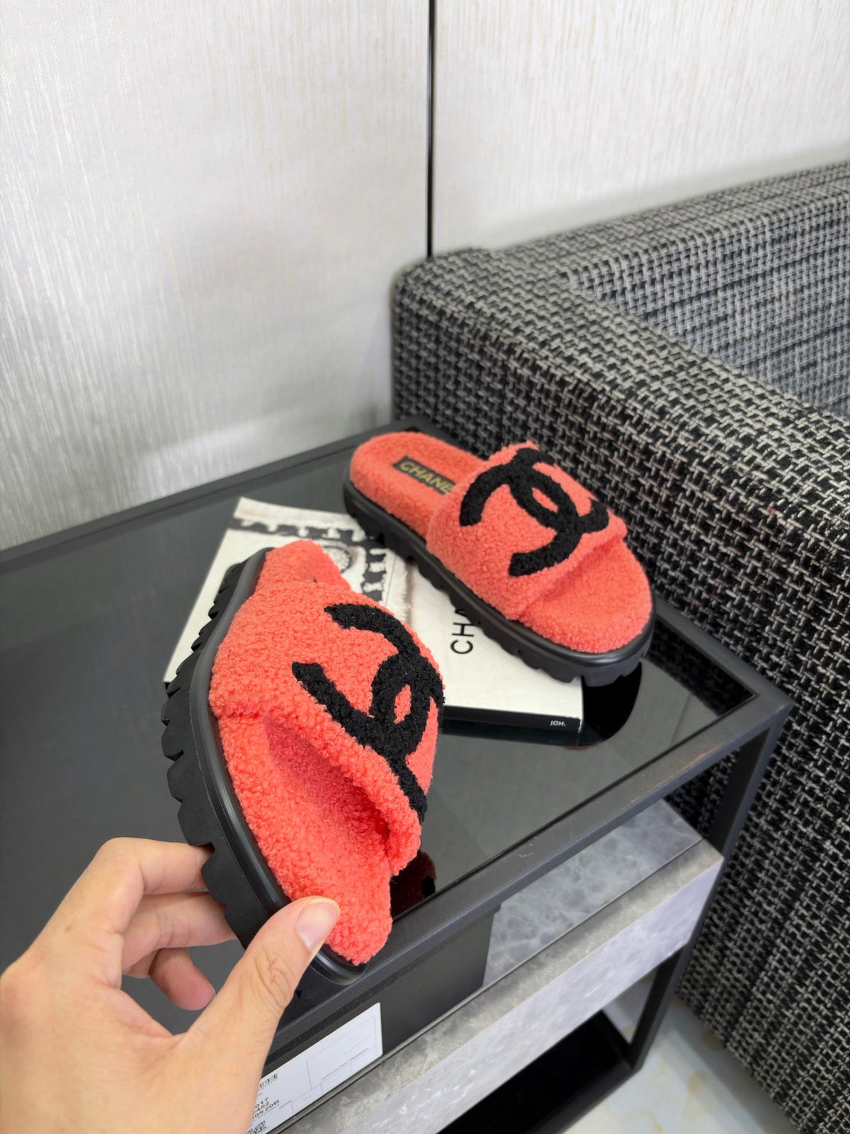 CC 26s Shearling Slide Flat Mules Coral Black Wool 128097