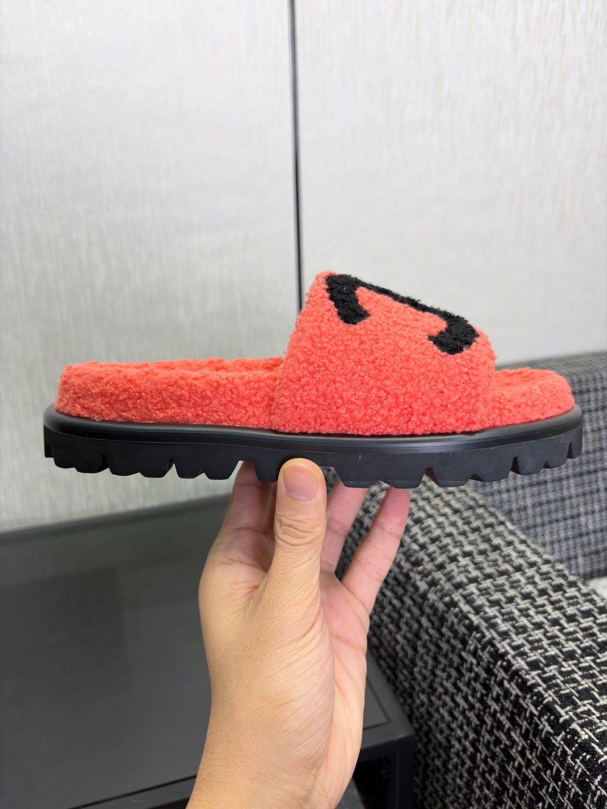 CC 26s Shearling Slide Flat Mules Coral Black Wool 128097