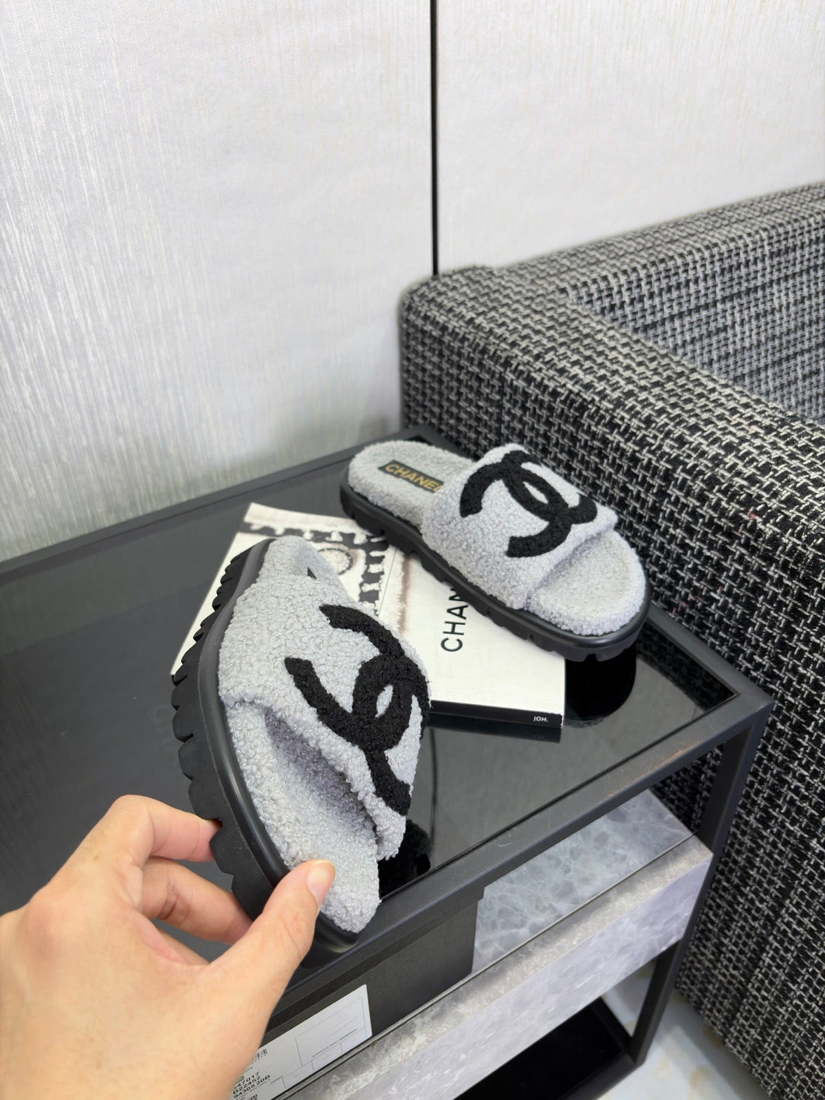 CC 26s Shearling Slide Flat Mules Grey Black Wool 128100