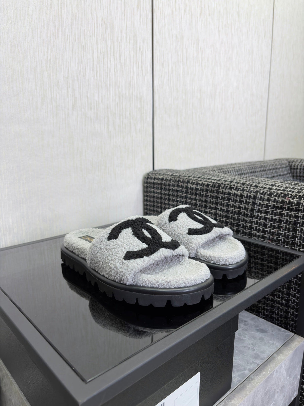 CC 26s Shearling Slide Flat Mules Grey Black Wool 128100