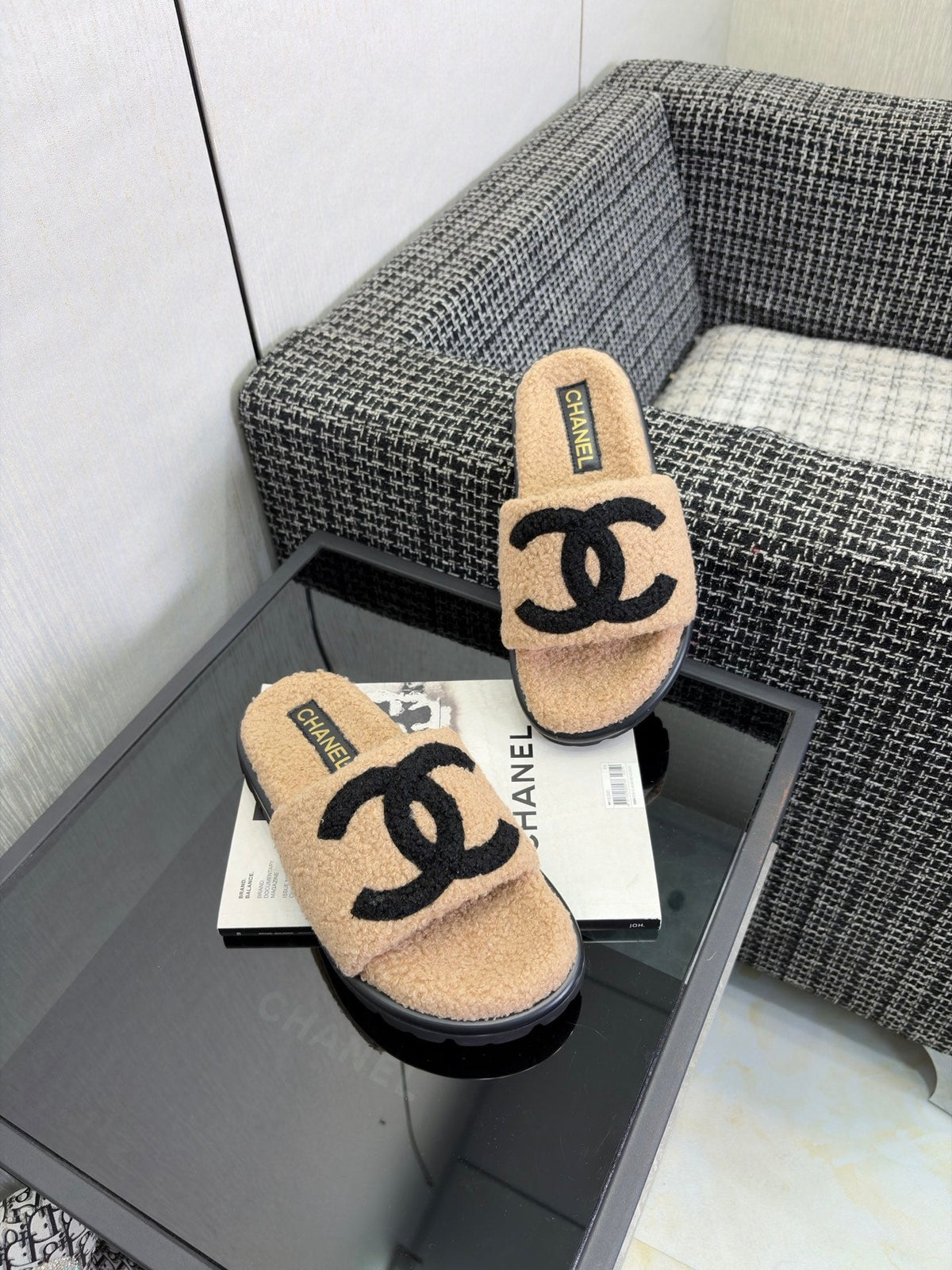 CC 26s Shearling Slide Flat Mules Beige Black Wool 128098