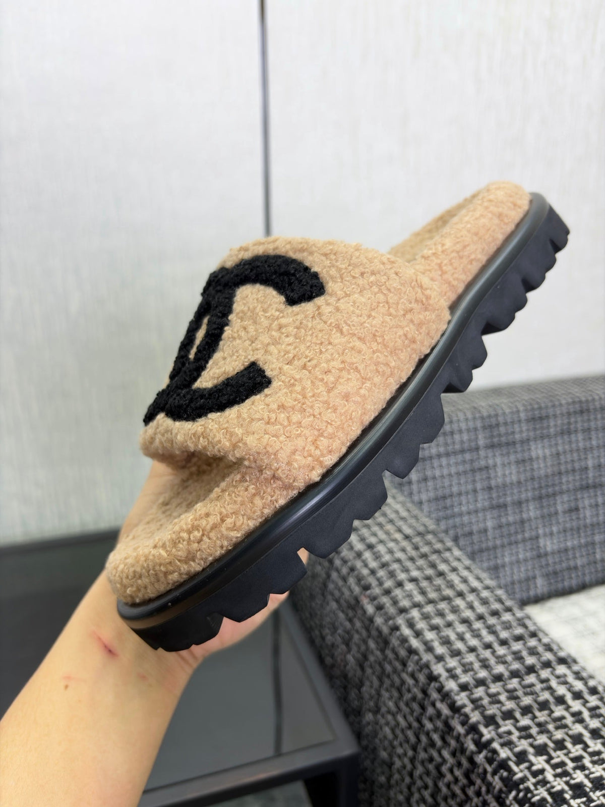 CC 26s Shearling Slide Flat Mules Beige Black Wool 128098