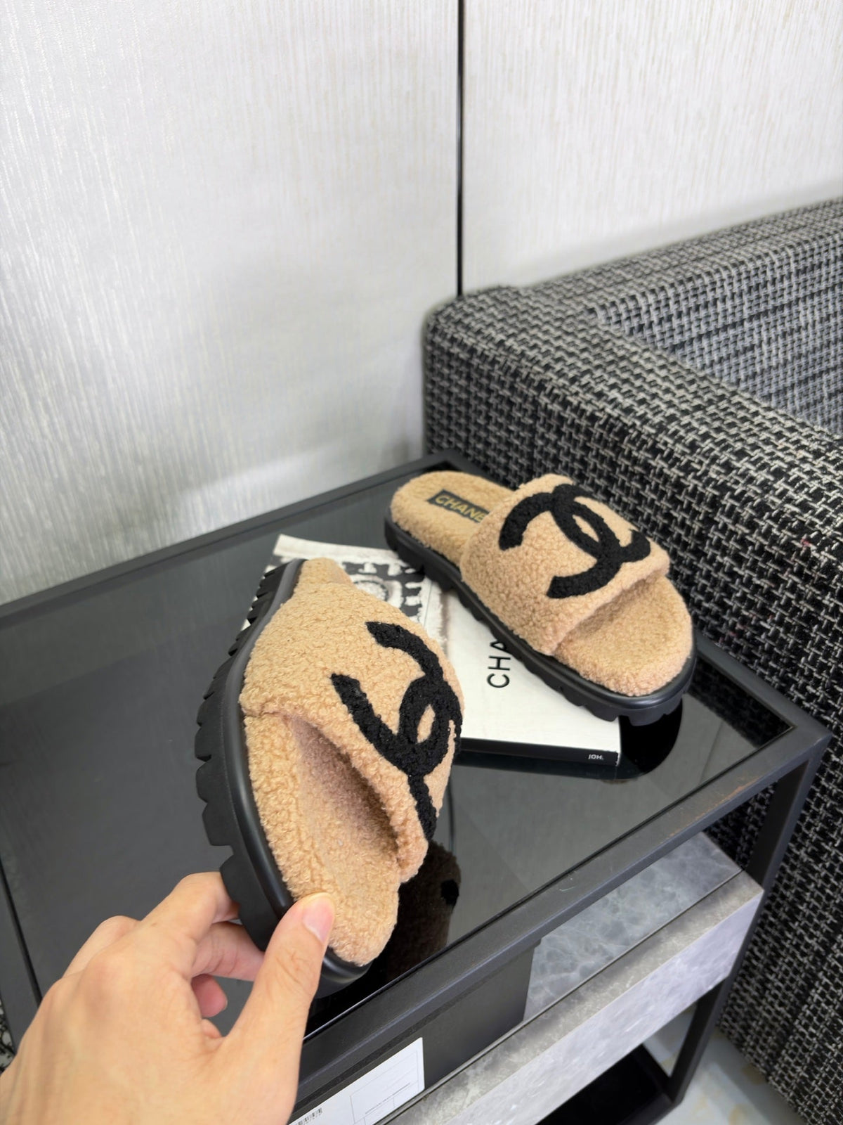 CC 26s Shearling Slide Flat Mules Beige Black Wool 128098