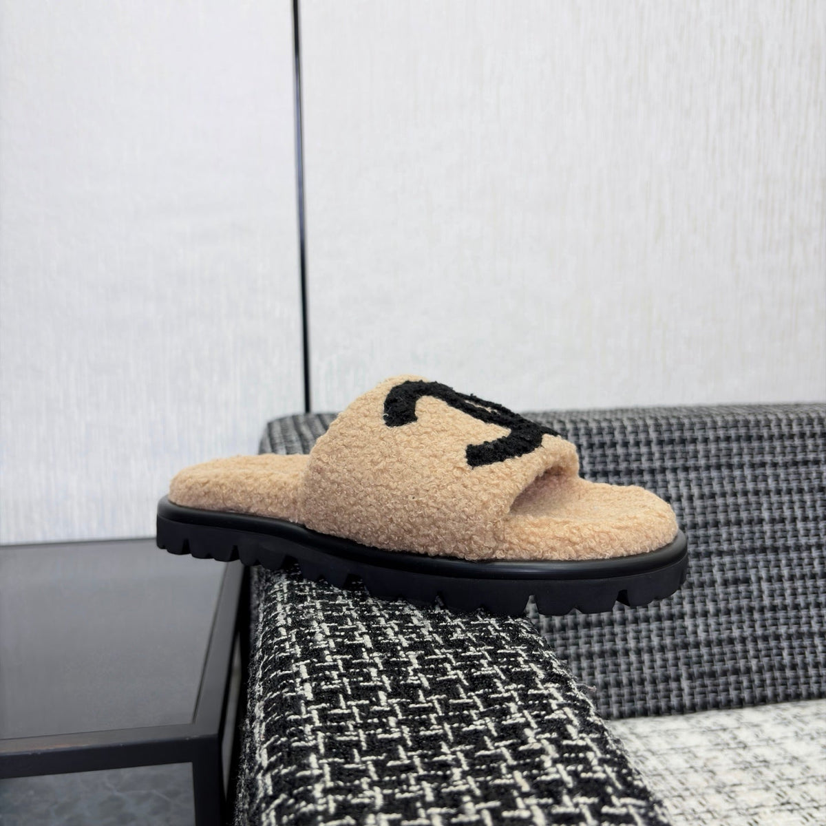CC 26s Shearling Slide Flat Mules Beige Black Wool 128098