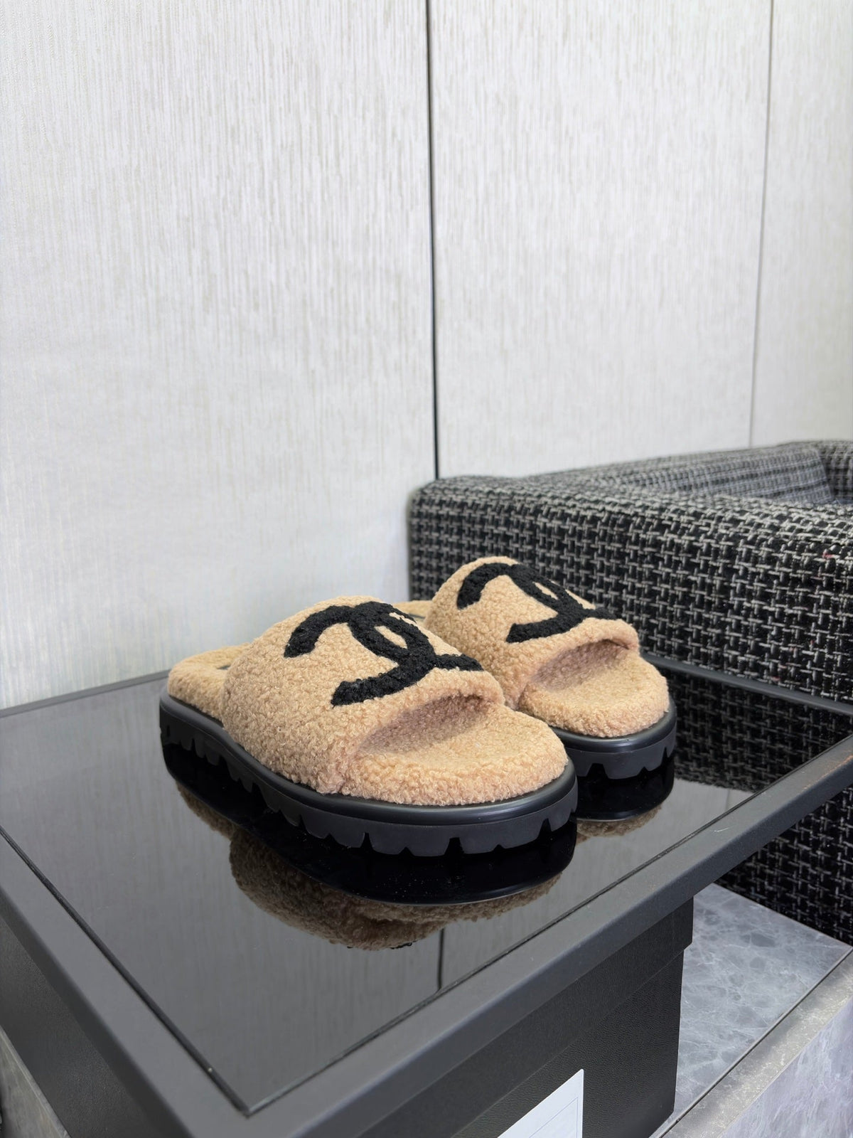 CC 26s Shearling Slide Flat Mules Beige Black Wool 128098