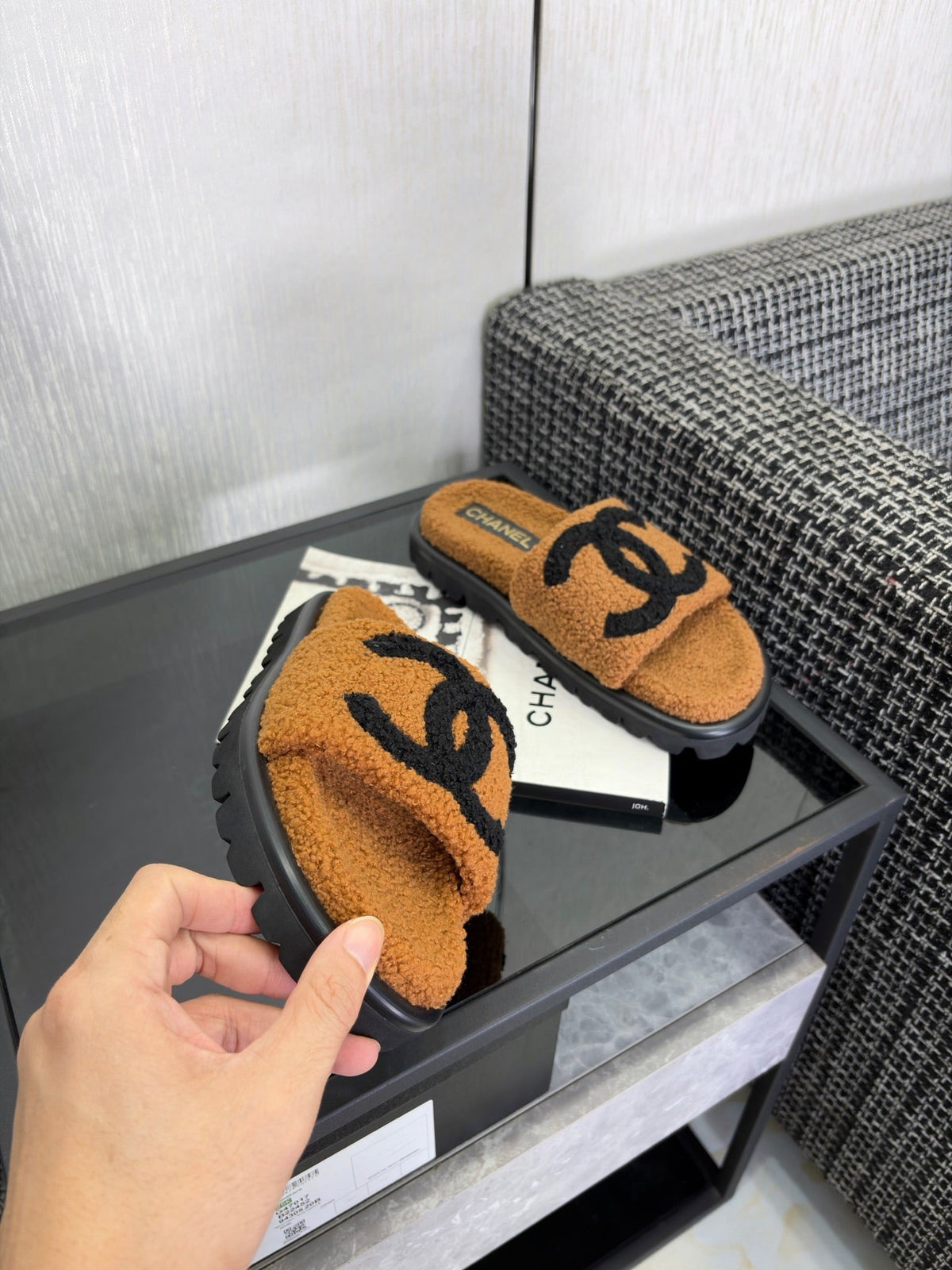 CC 26s Shearling Slide Flat Mules Brown Black Wool 128099