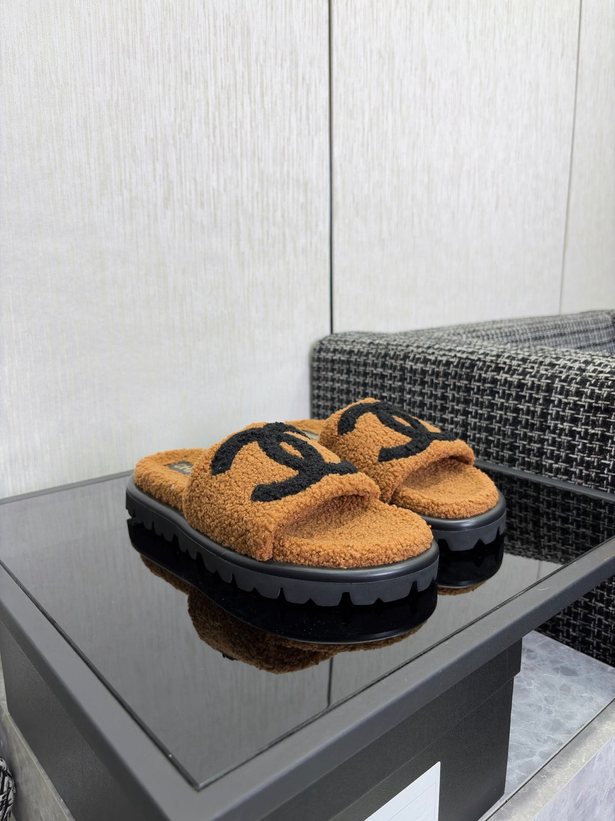 CC 26s Shearling Slide Flat Mules Brown Black Wool 128099