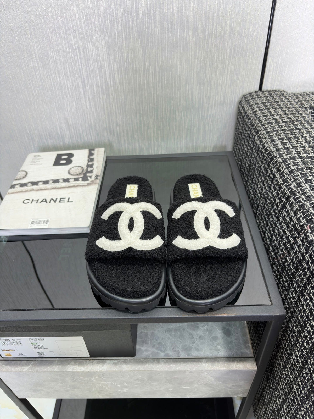 CC 26s Shearling Slide Flat Mules Black White Wool 128101