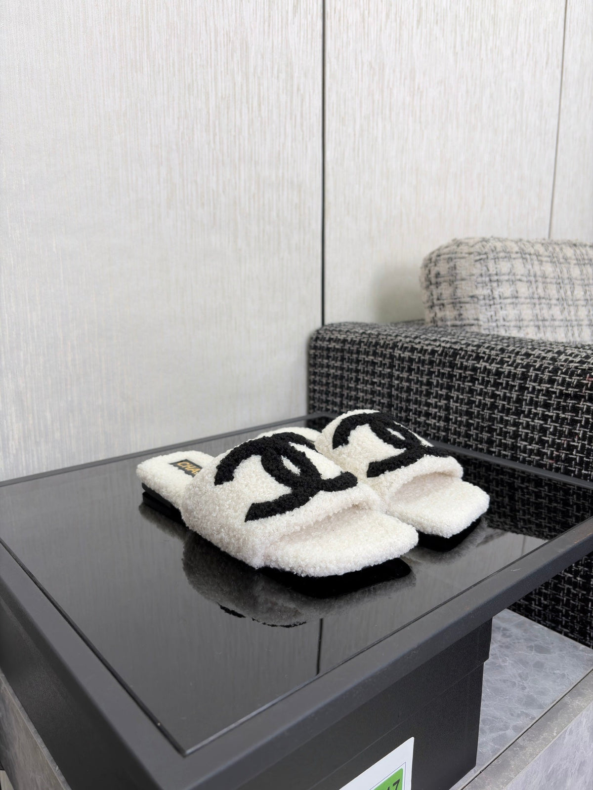 CC 26s Shearling Square Toe Sandals White Black Wool 128093