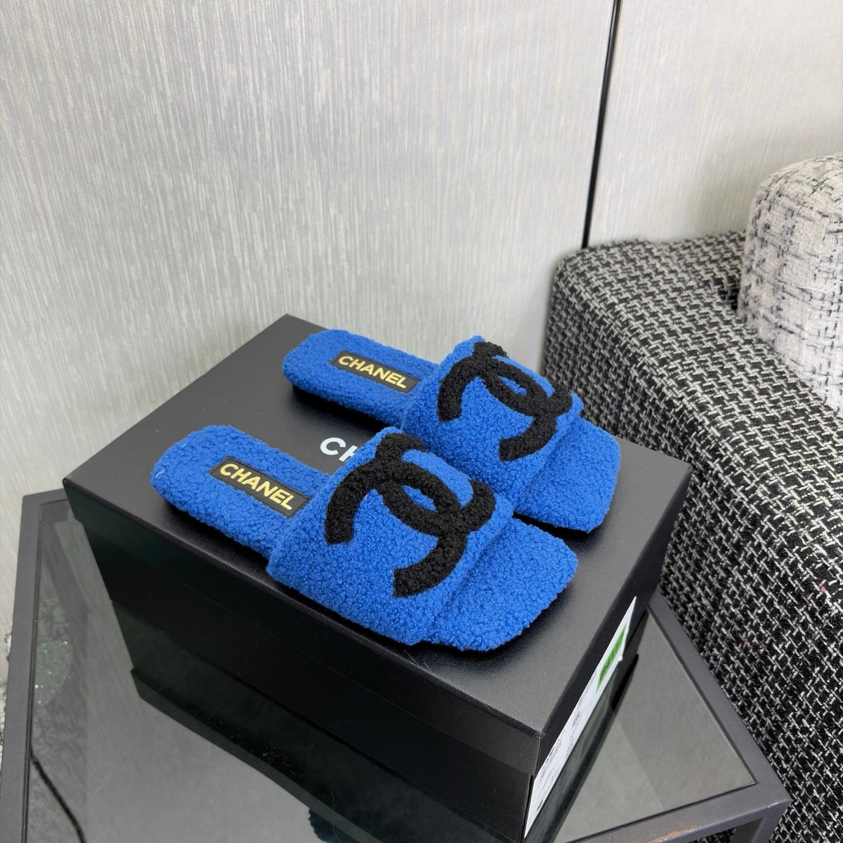 CC 26s Shearling Square Toe Sandals Blue Black Wool 128086