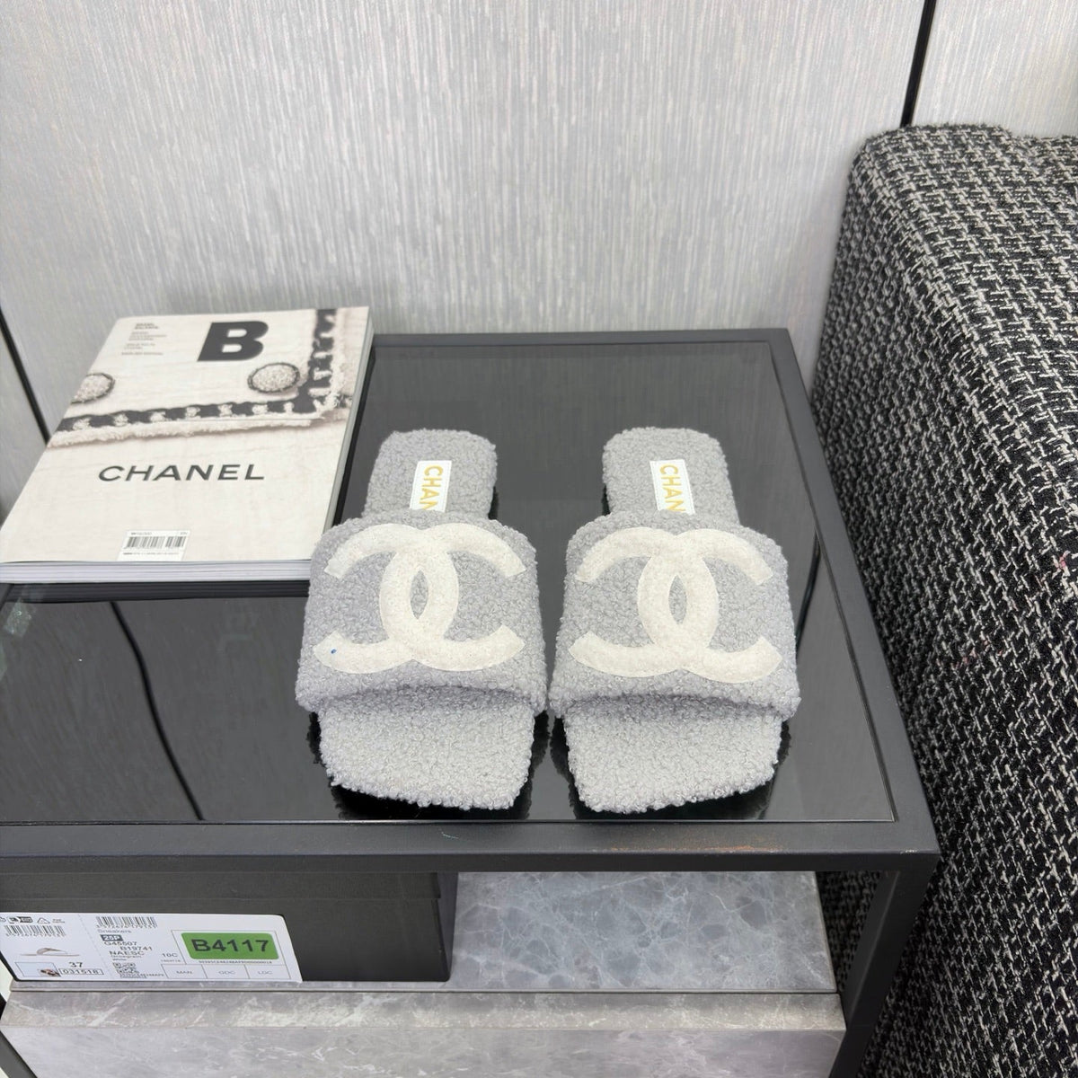 CC 26s Shearling Square Toe Sandals Grey White Wool 128087