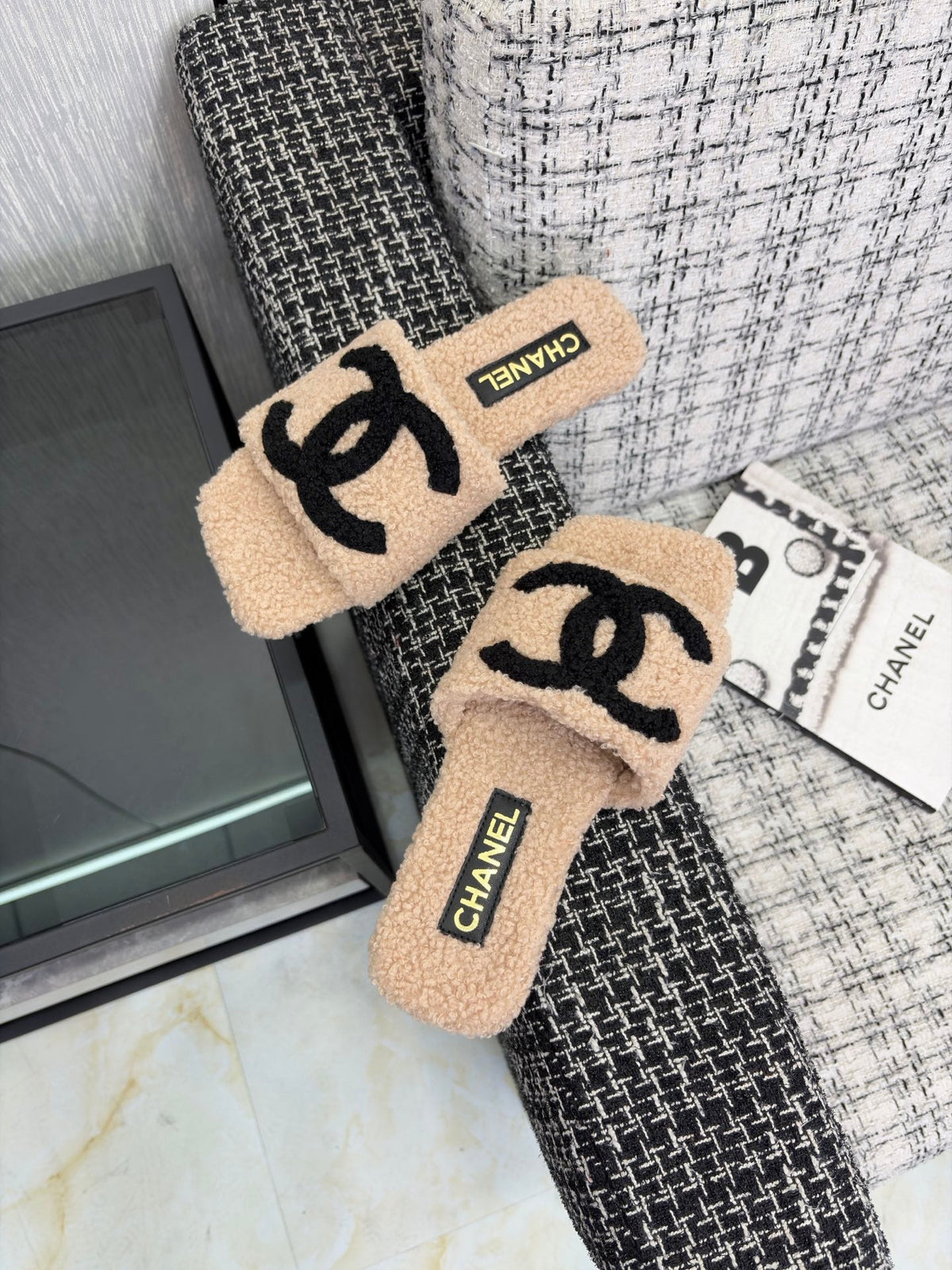 CC 26s Shearling Square Toe Sandals Beige Black Wool 128090