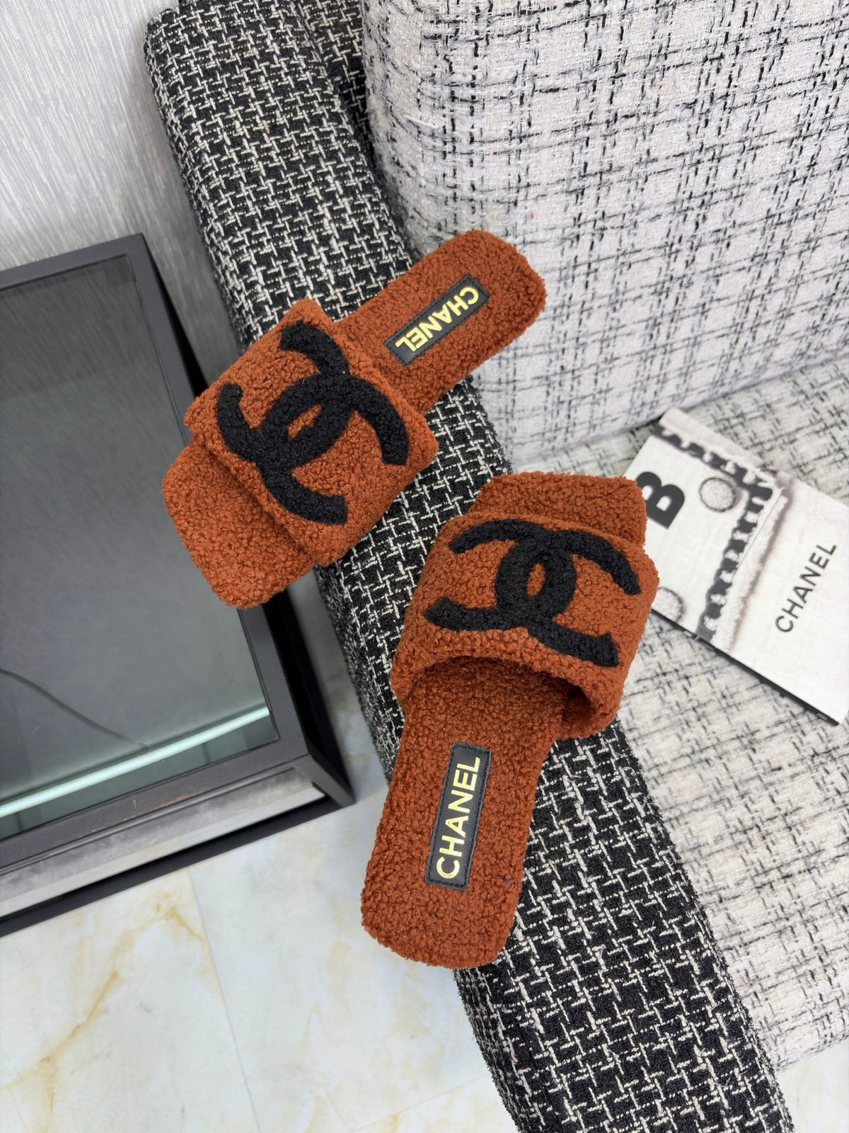 CC 26s Shearling Square Toe Sandals Brown Black Wool 128088
