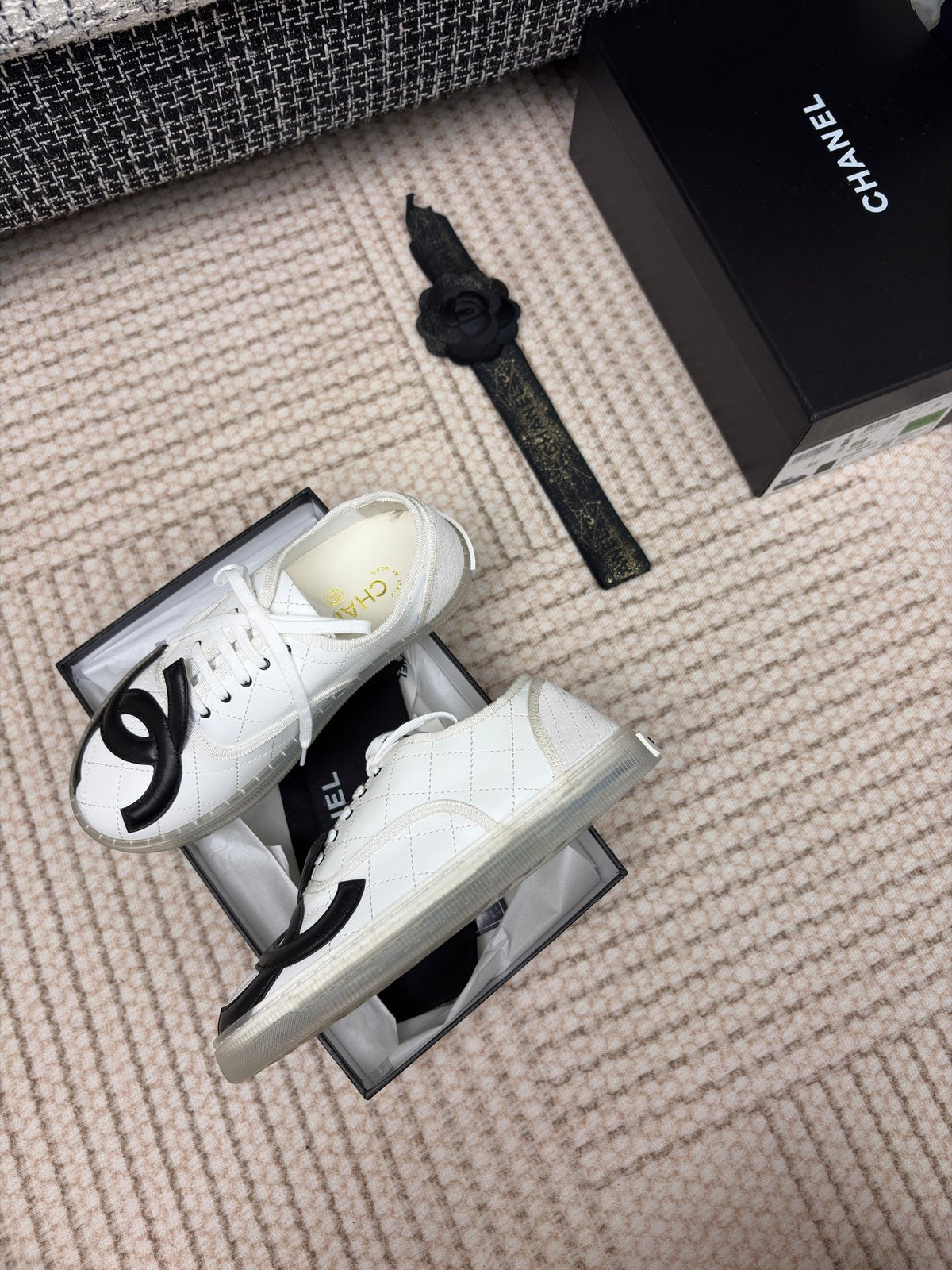 Chanel 26s Quilted Jelly Sole Sneakers White Black 153461