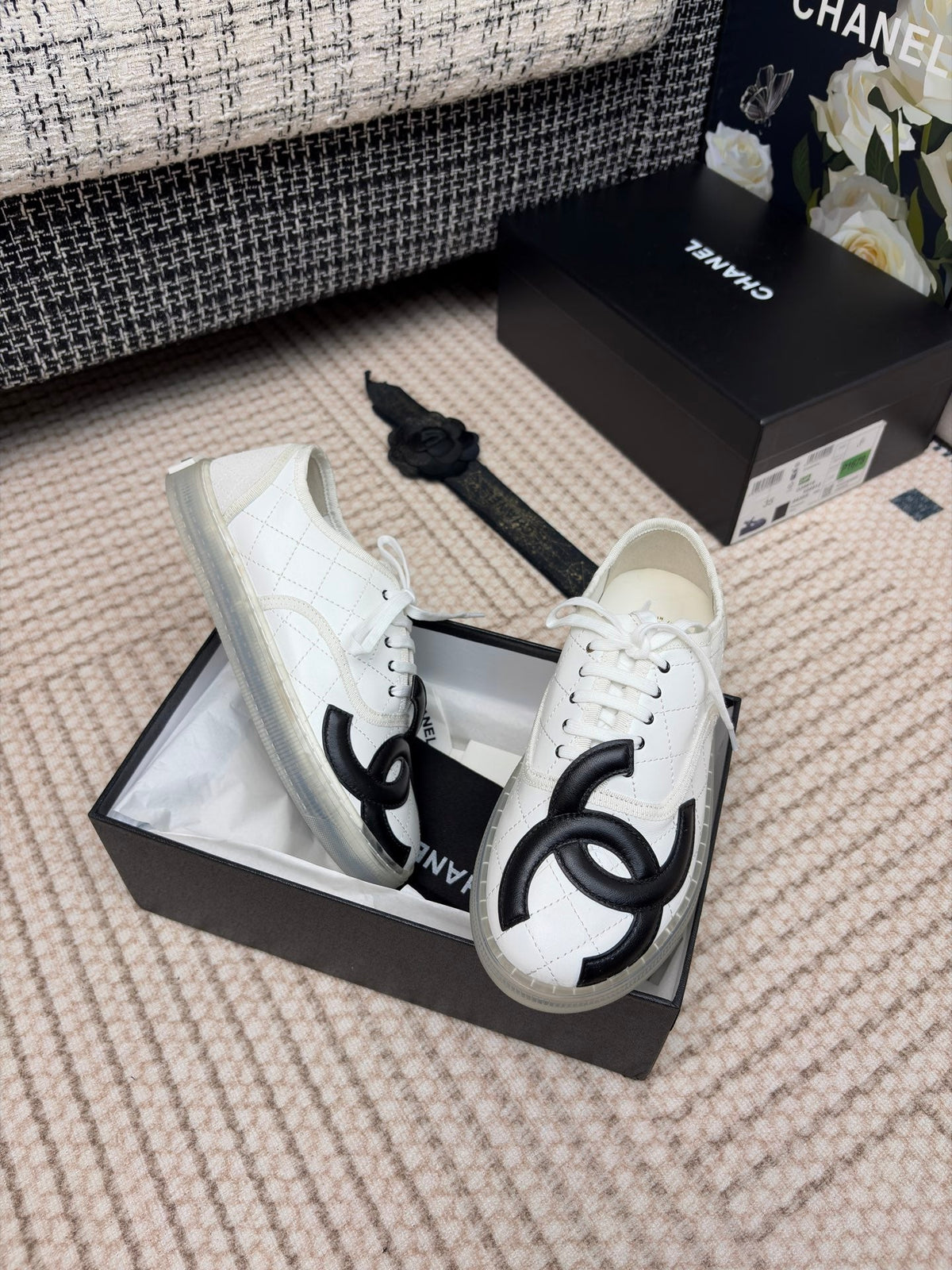 Chanel 26s Quilted Jelly Sole Sneakers White Black 153461