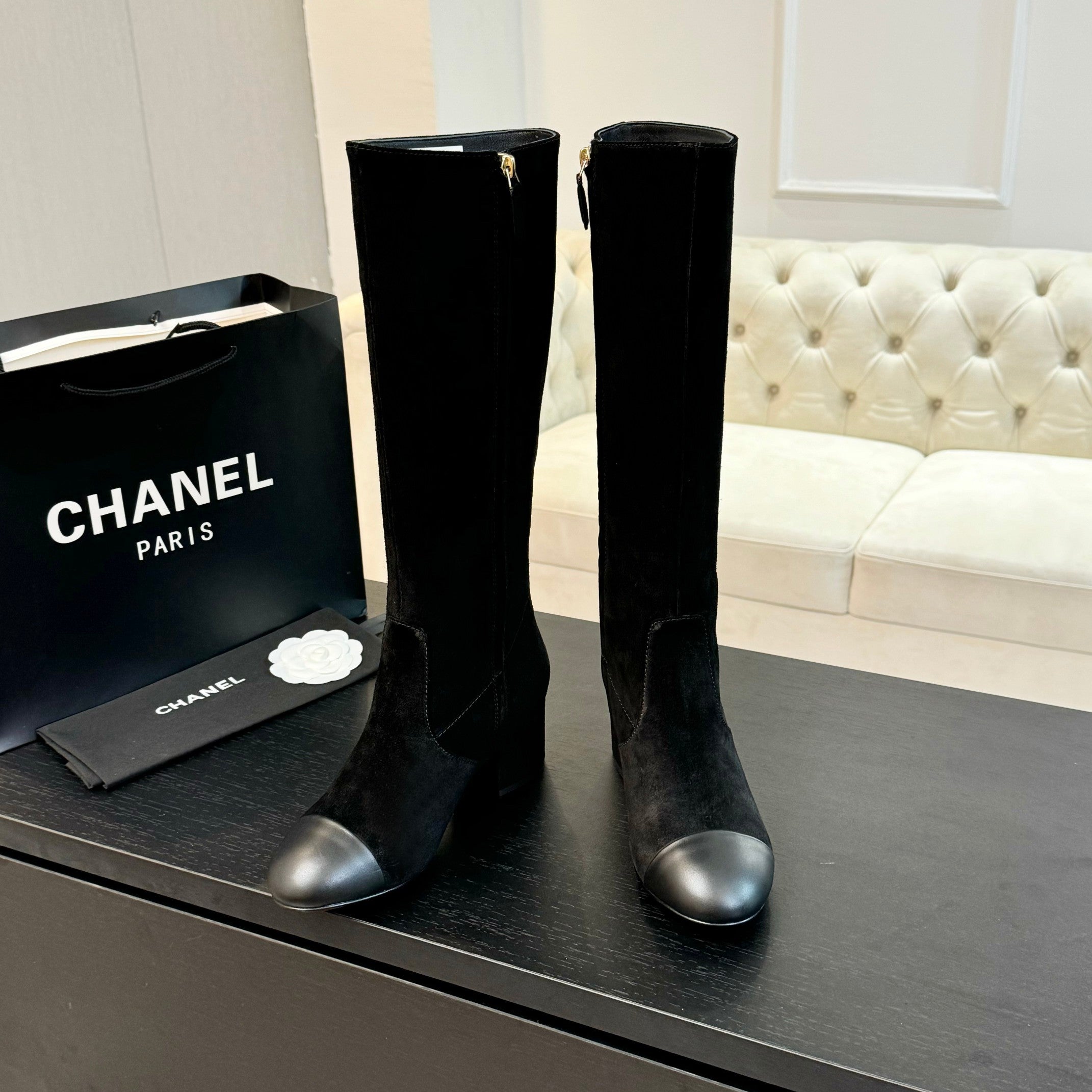 CC 26s Block Heel Long Boot 4.5cm Black Suede Lambskin 957795