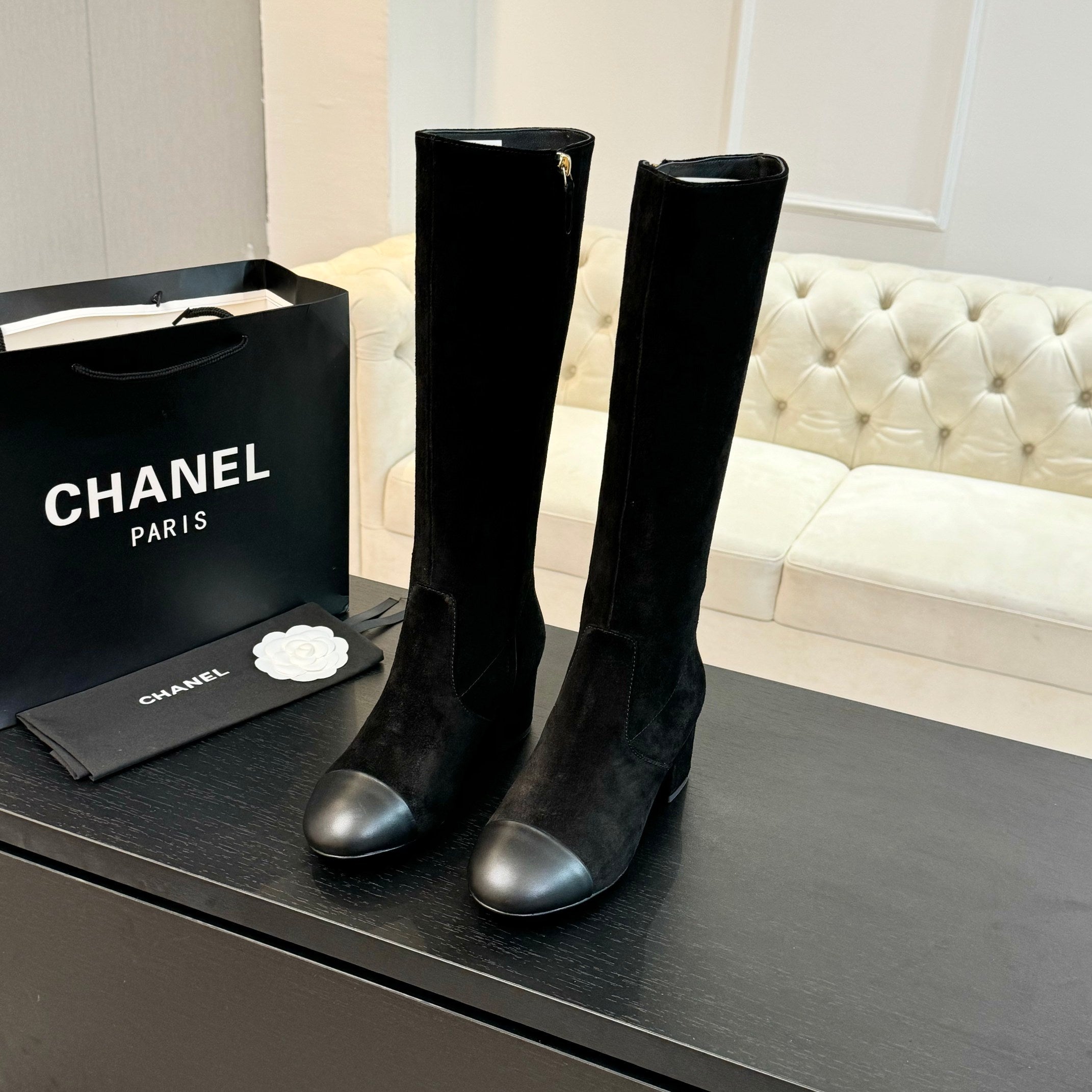 CC 26s Block Heel Long Boot 4.5cm Black Suede Lambskin 957795