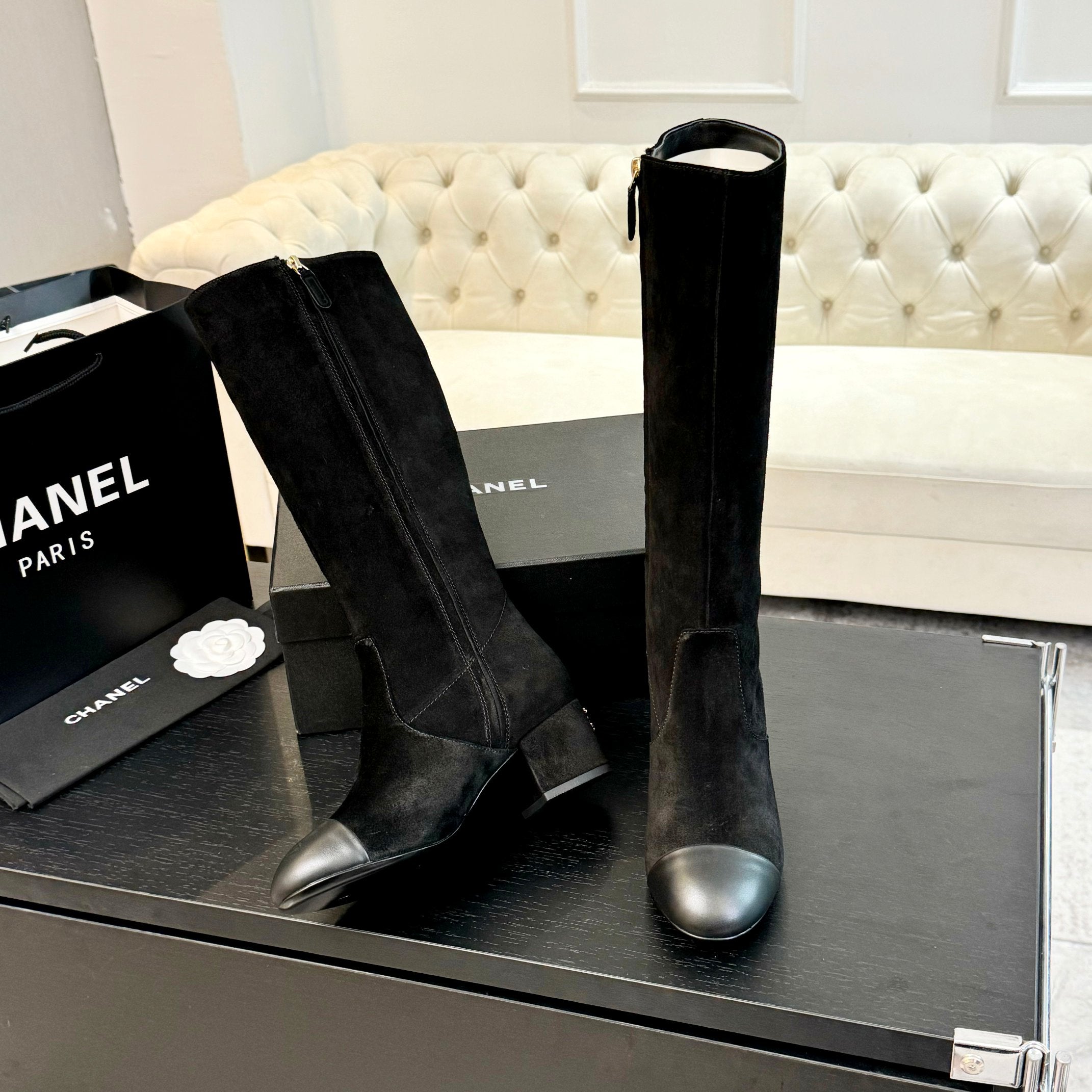 CC 26s Block Heel Long Boot 4.5cm Black Suede Lambskin 957795