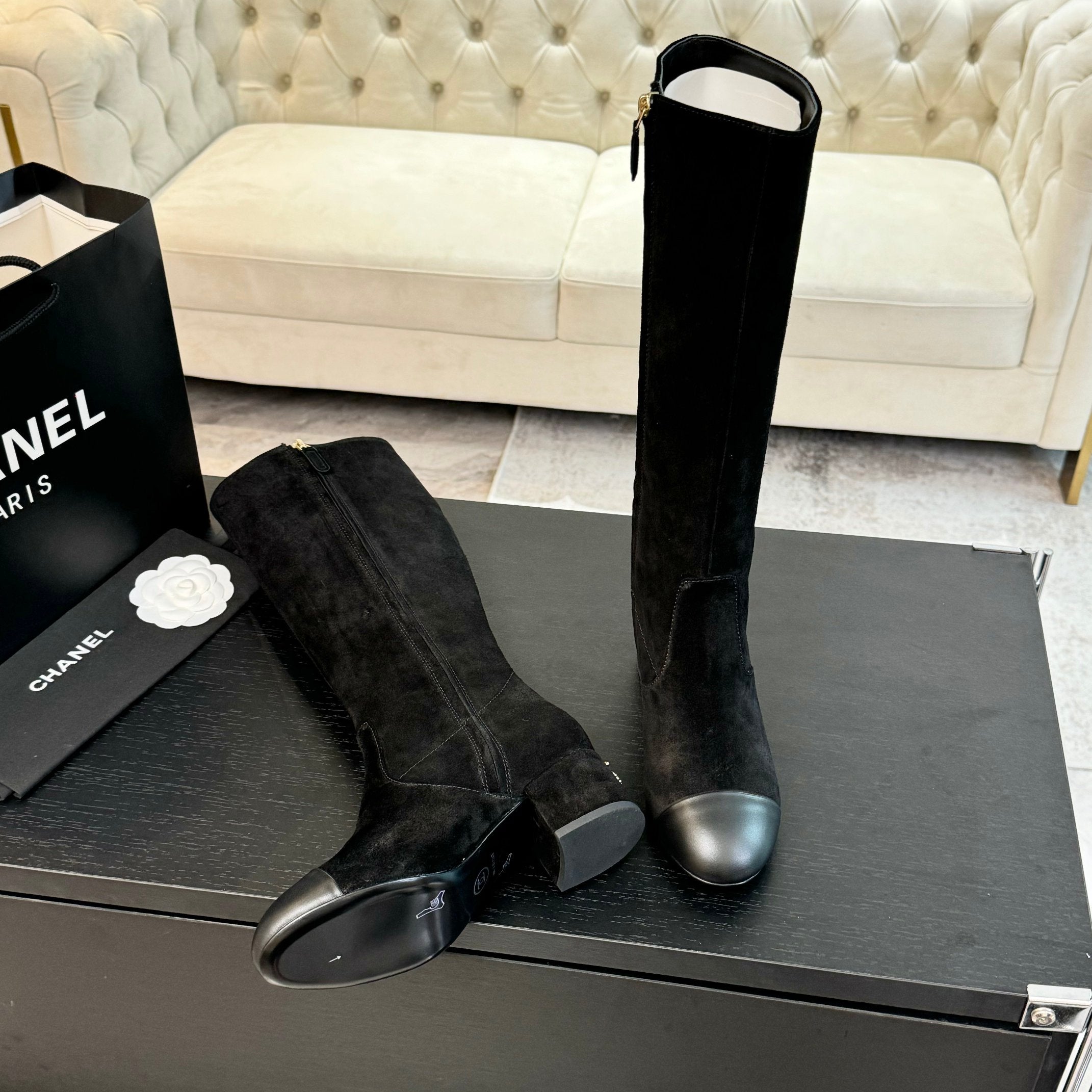 CC 26s Block Heel Long Boot 4.5cm Black Suede Lambskin 957795