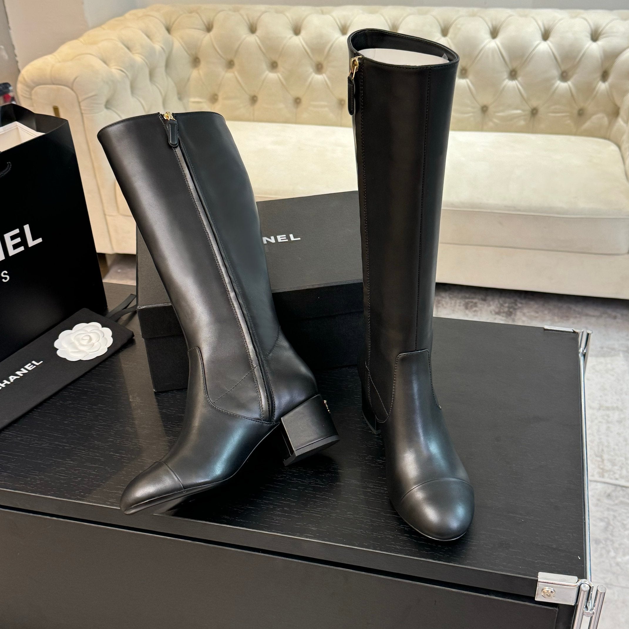 CC 26s Block Heel Long Boot 4.5cm Black Lambskin 957796