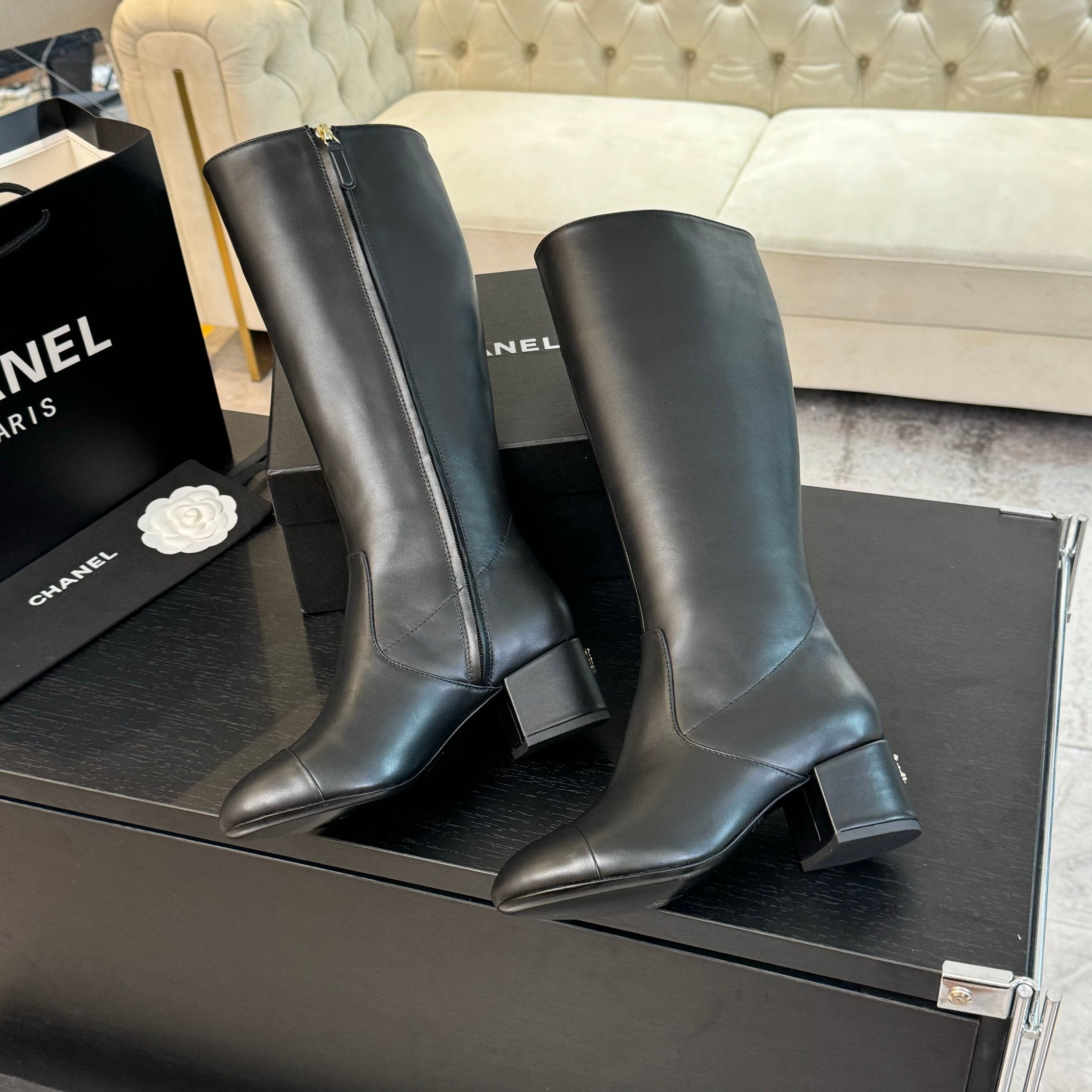 CC 26s Block Heel Long Boot 4.5cm Black Lambskin 957796