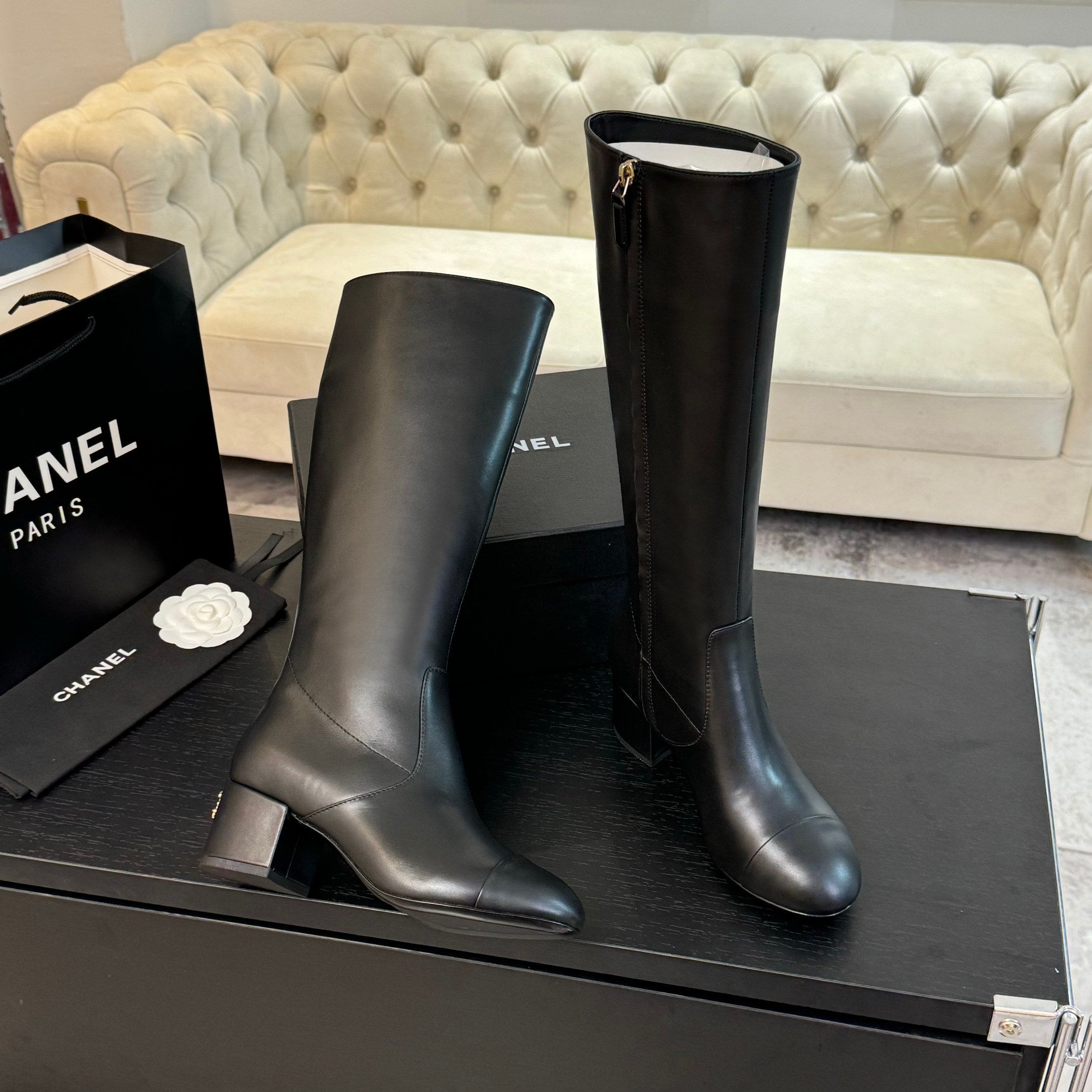 CC 26s Block Heel Long Boot 4.5cm Black Lambskin 957796