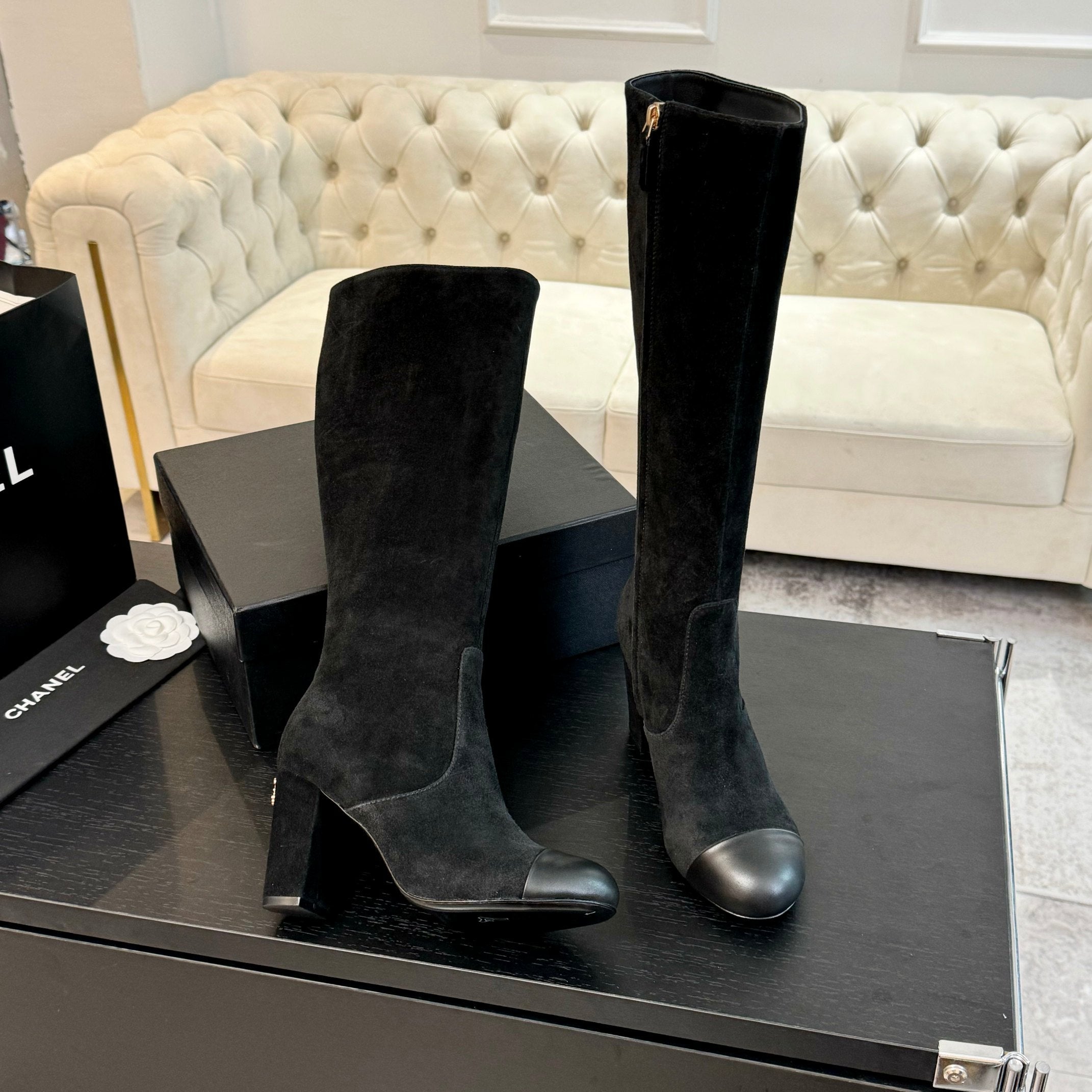 CC 26s Block Heel Long Boot 4.5cm Black Burgundy Suede Lambskin 957797