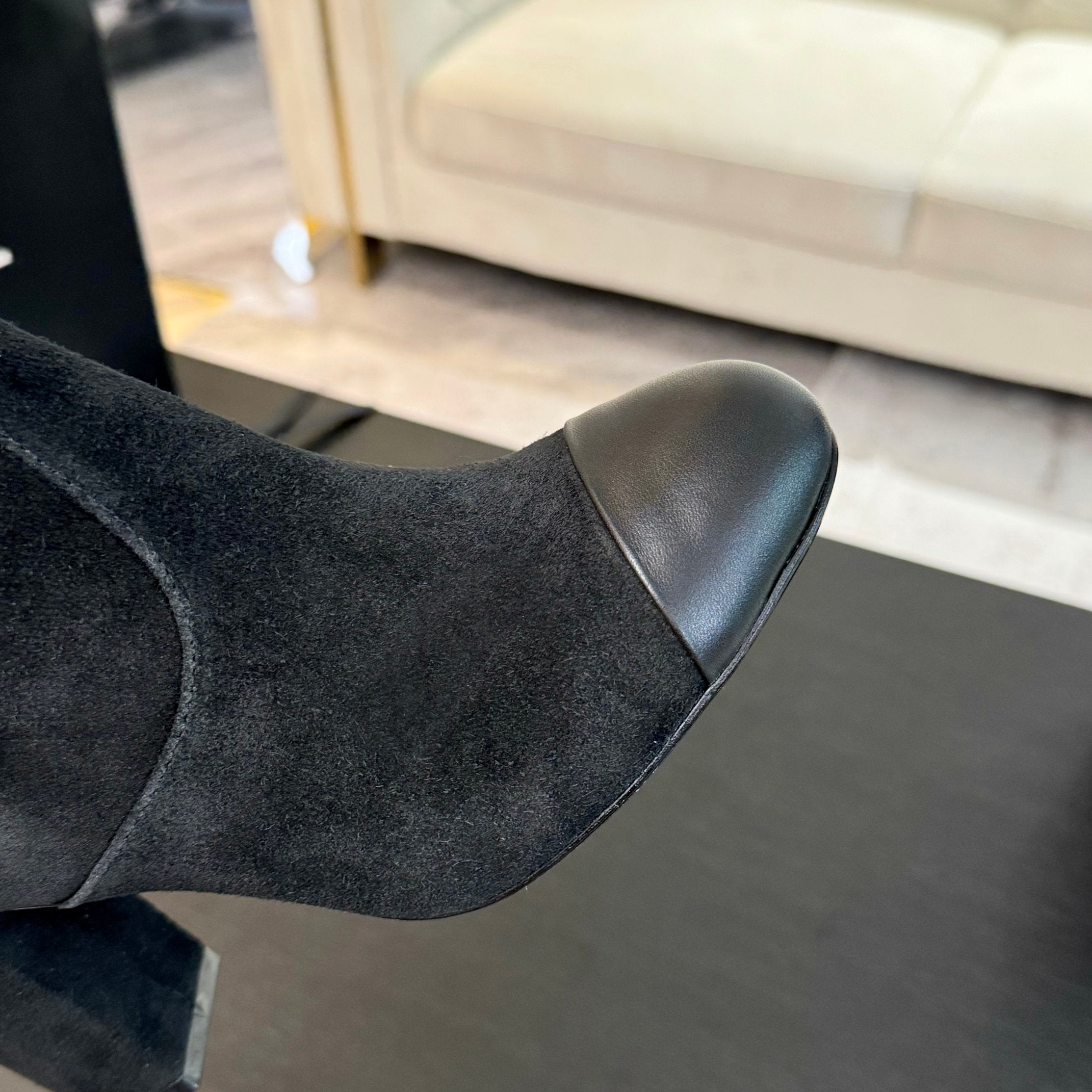 CC 26s Block Heel Long Boot 8cm Black Suede Lambskin 957798